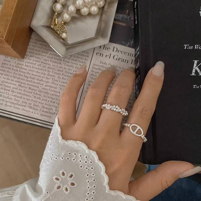 質感銀球球編織感戒指+豬鼻子戒指SET