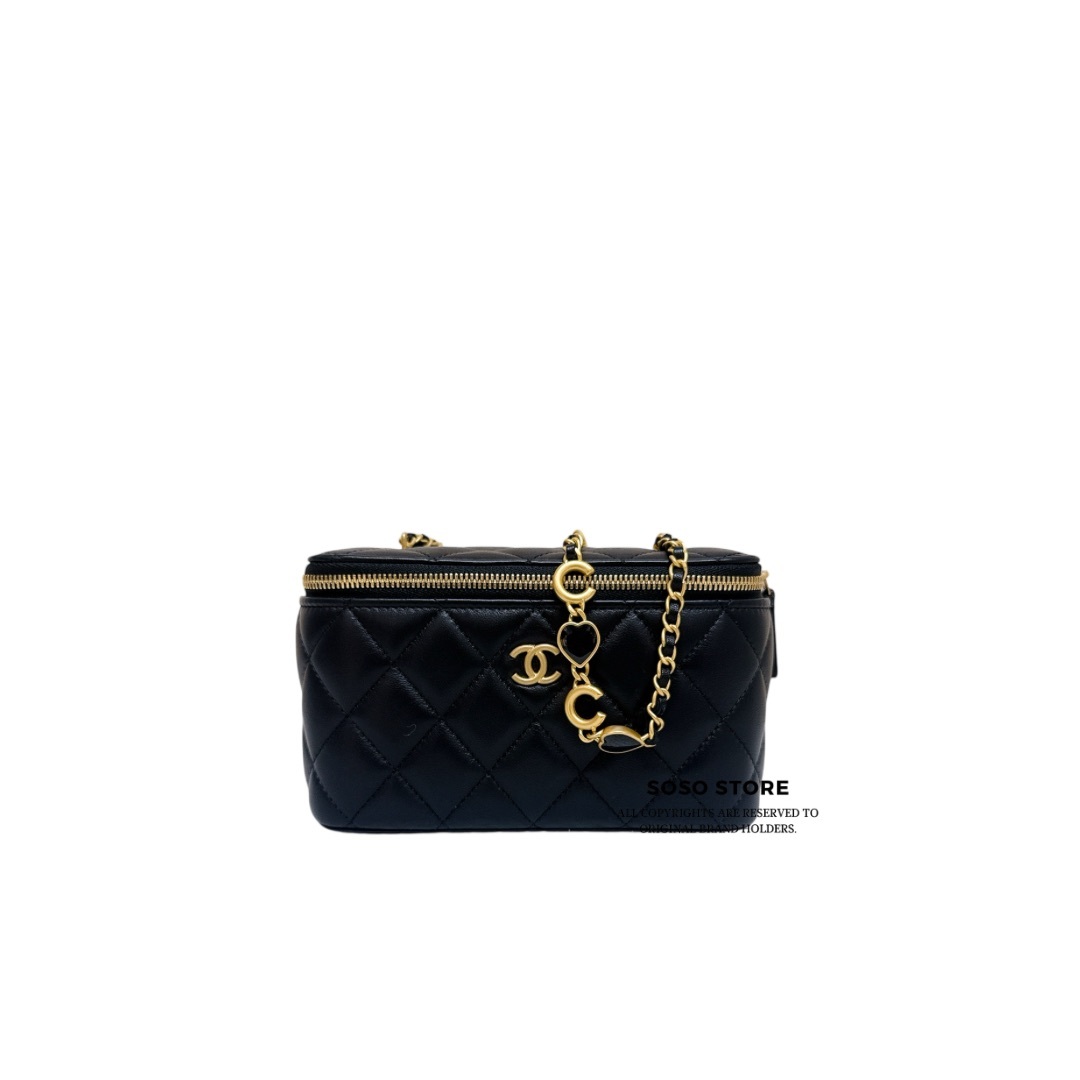 Chanel Long Box With Heart Chain - Black / Ghw