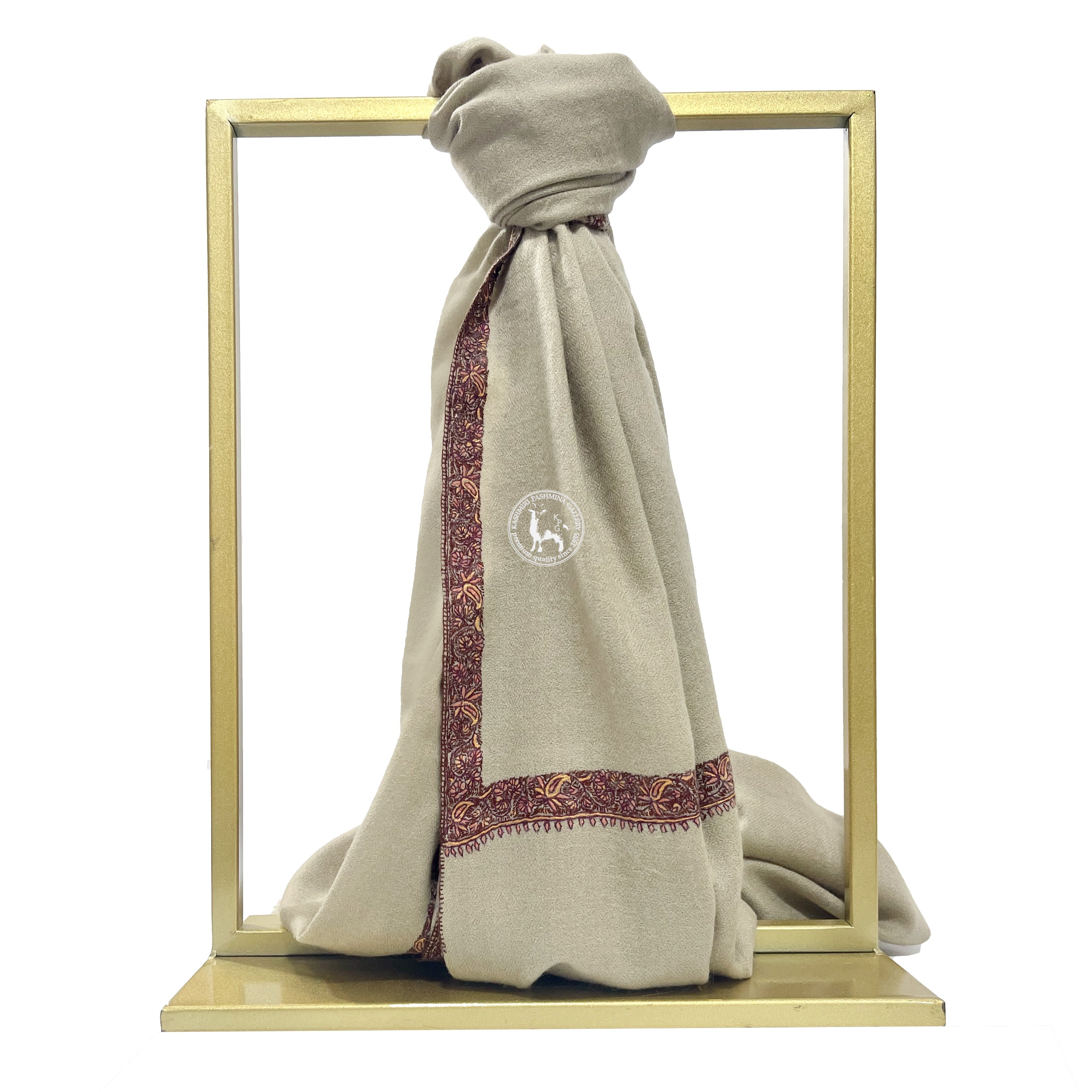 卡其色喀什米爾山羊絨邊緣刺繡披肩圍