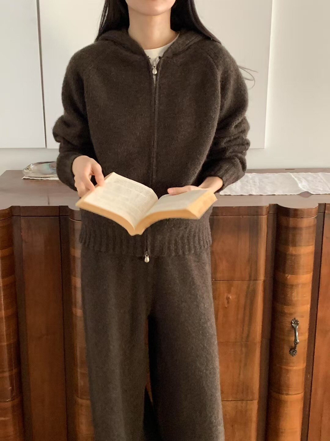 上下拉鍊造型連帽針織外套+長褲SET / 4色