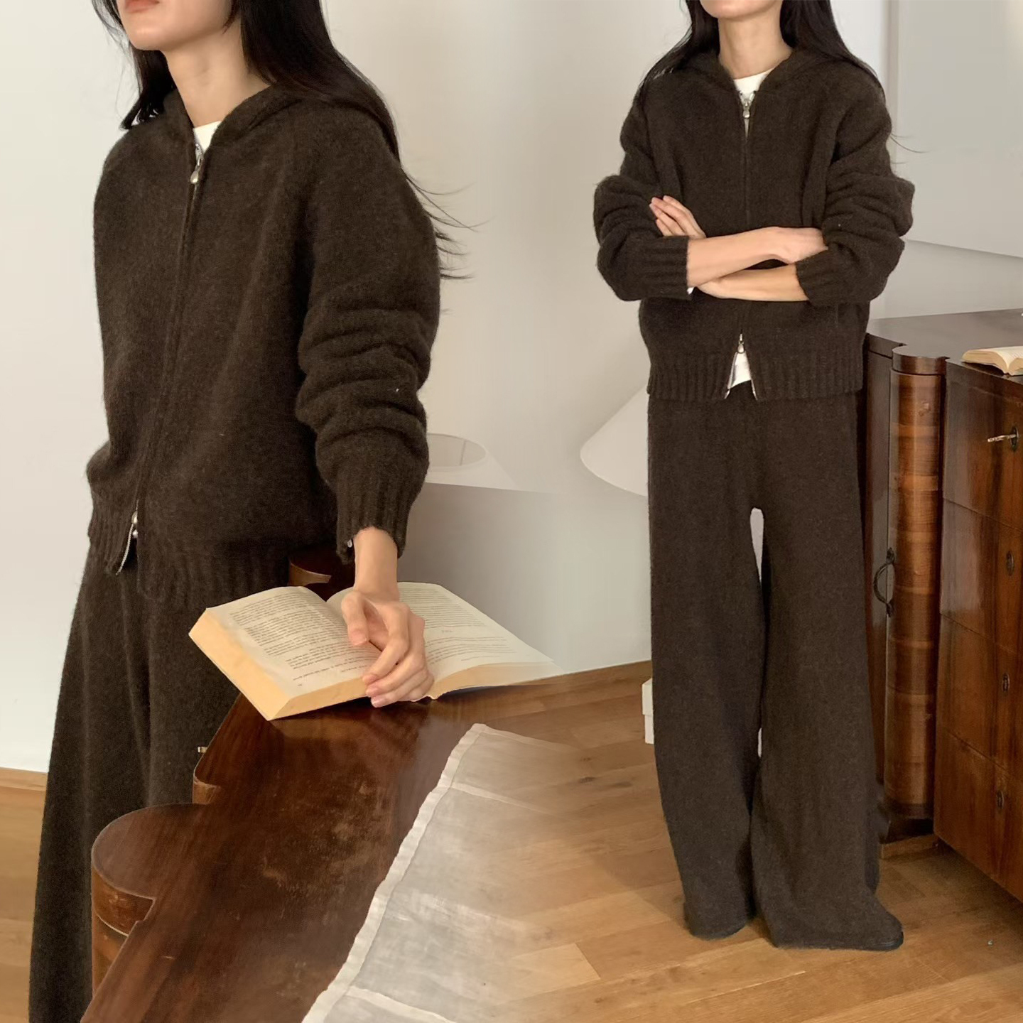 上下拉鍊造型連帽針織外套+長褲SET / 4色