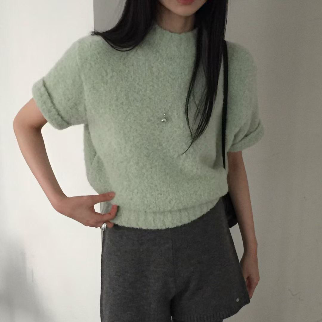 甜美感短袖縮腰小立領針織上衣毛衣 / 2色