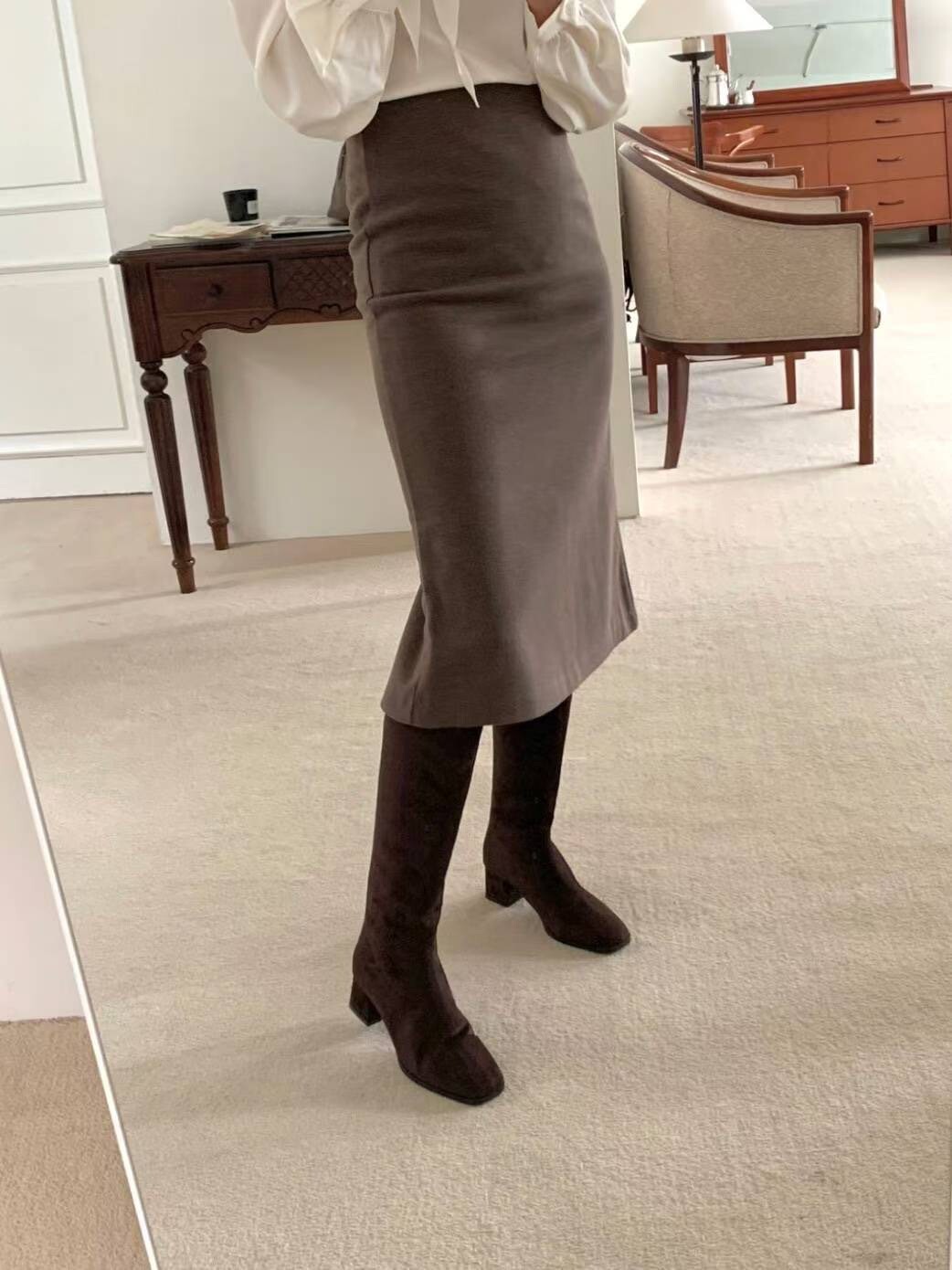 麂皮顯瘦長腿小方頭粗跟長靴 / 2色