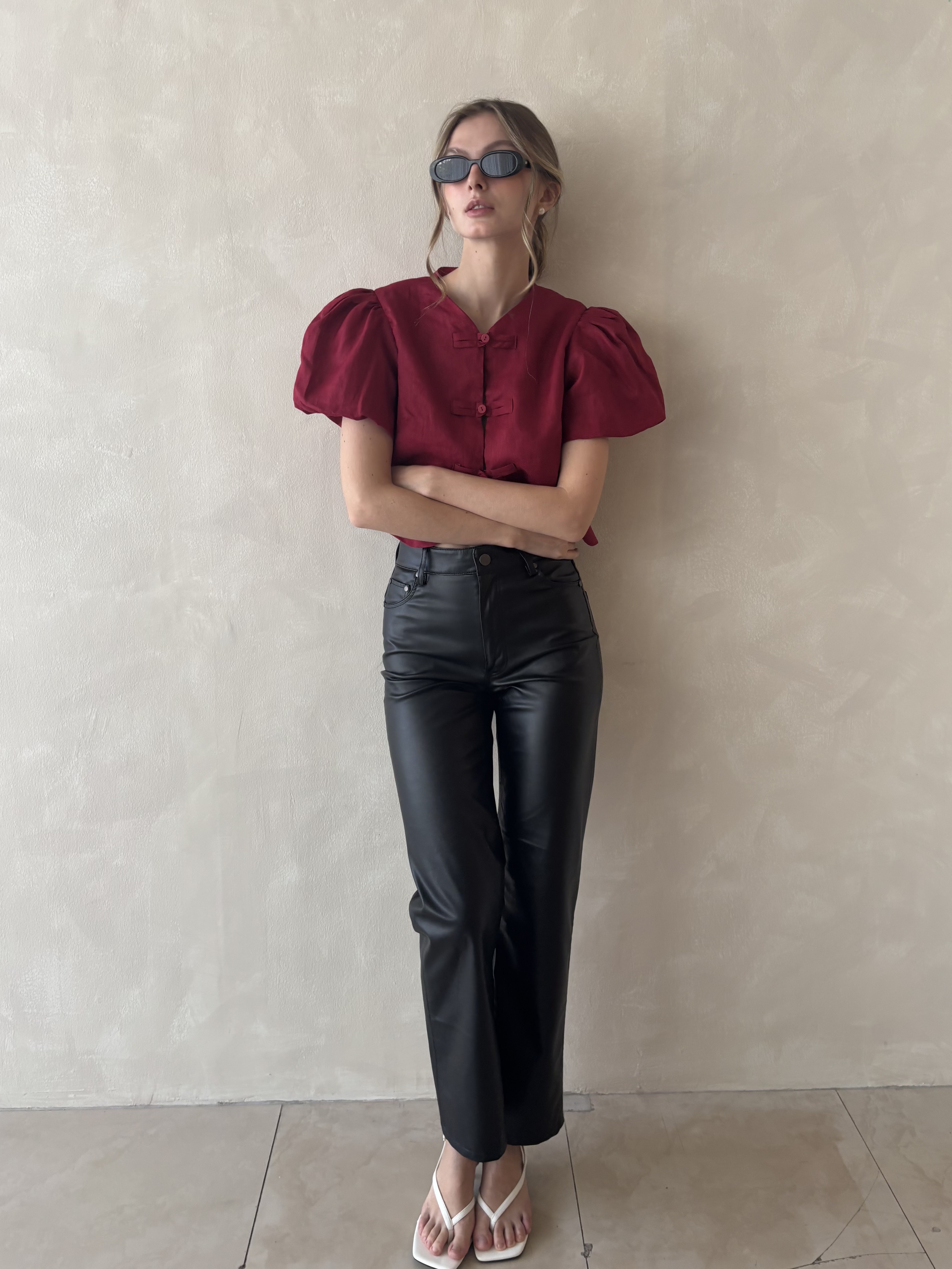 Agatha Top - Pure Linen Burgundy