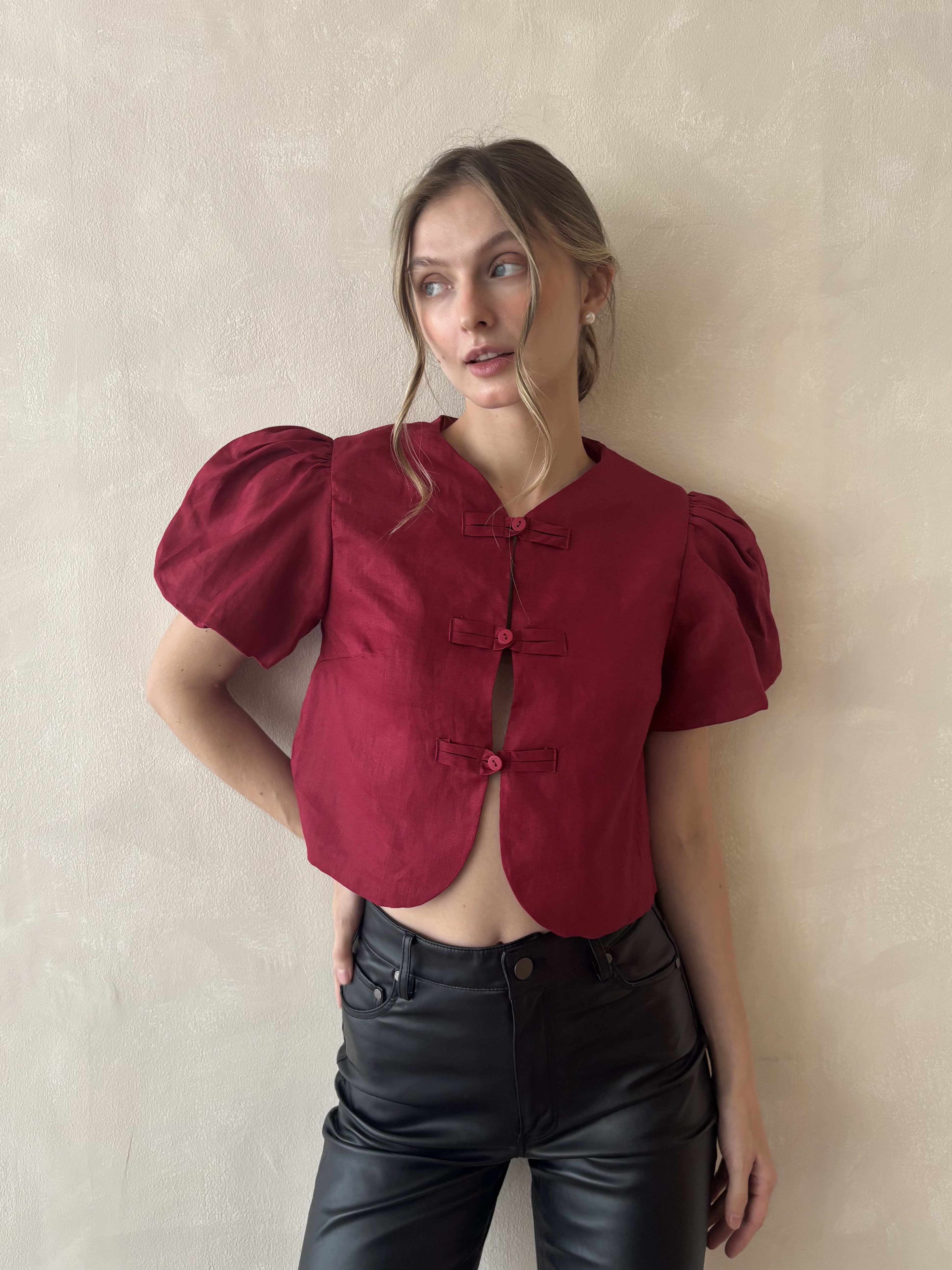 Agatha Top - Pure Linen Burgundy
