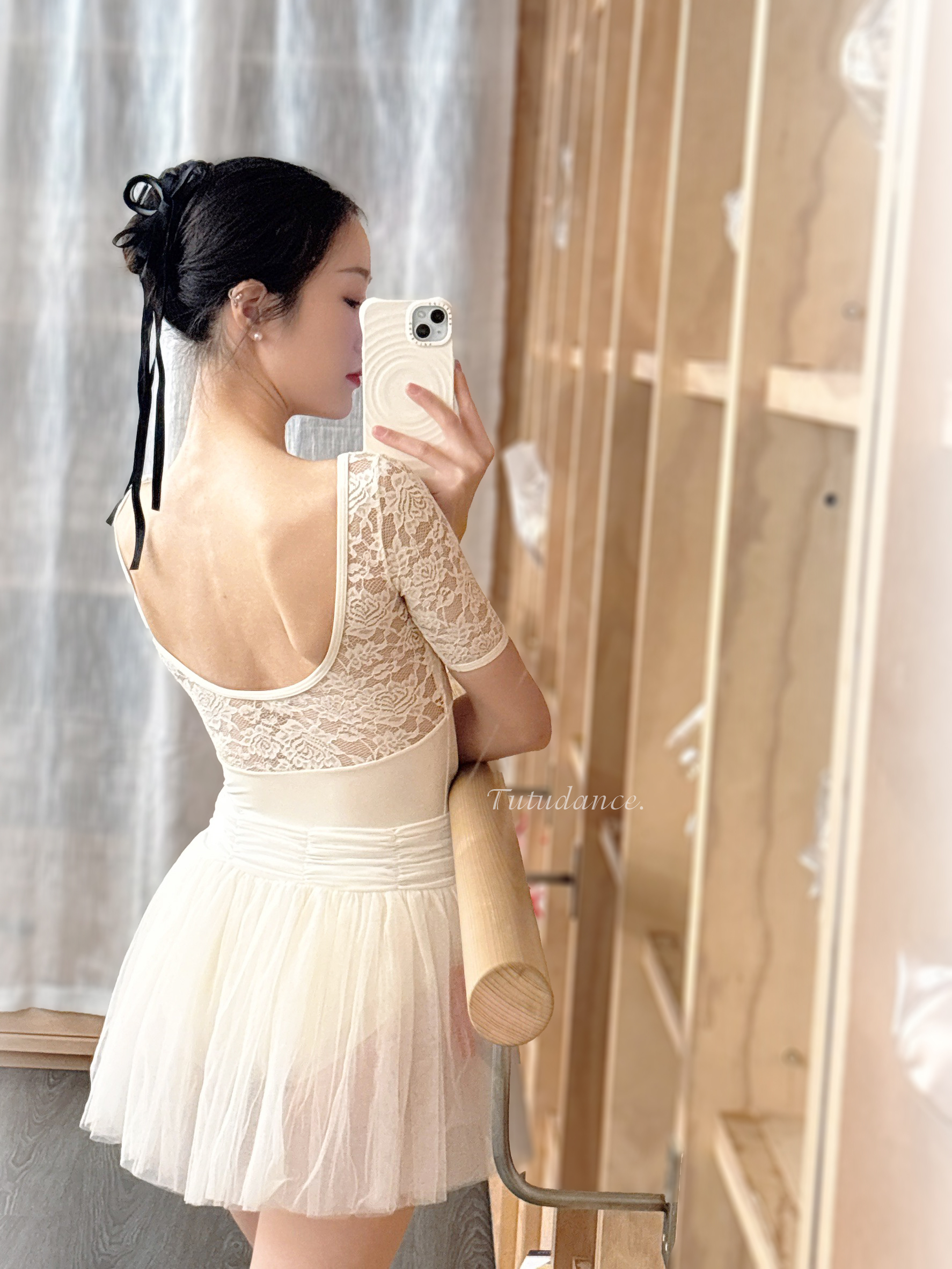 韓國eflora【EB-EF5255 方領蕾絲短袖舞衣】可放胸墊