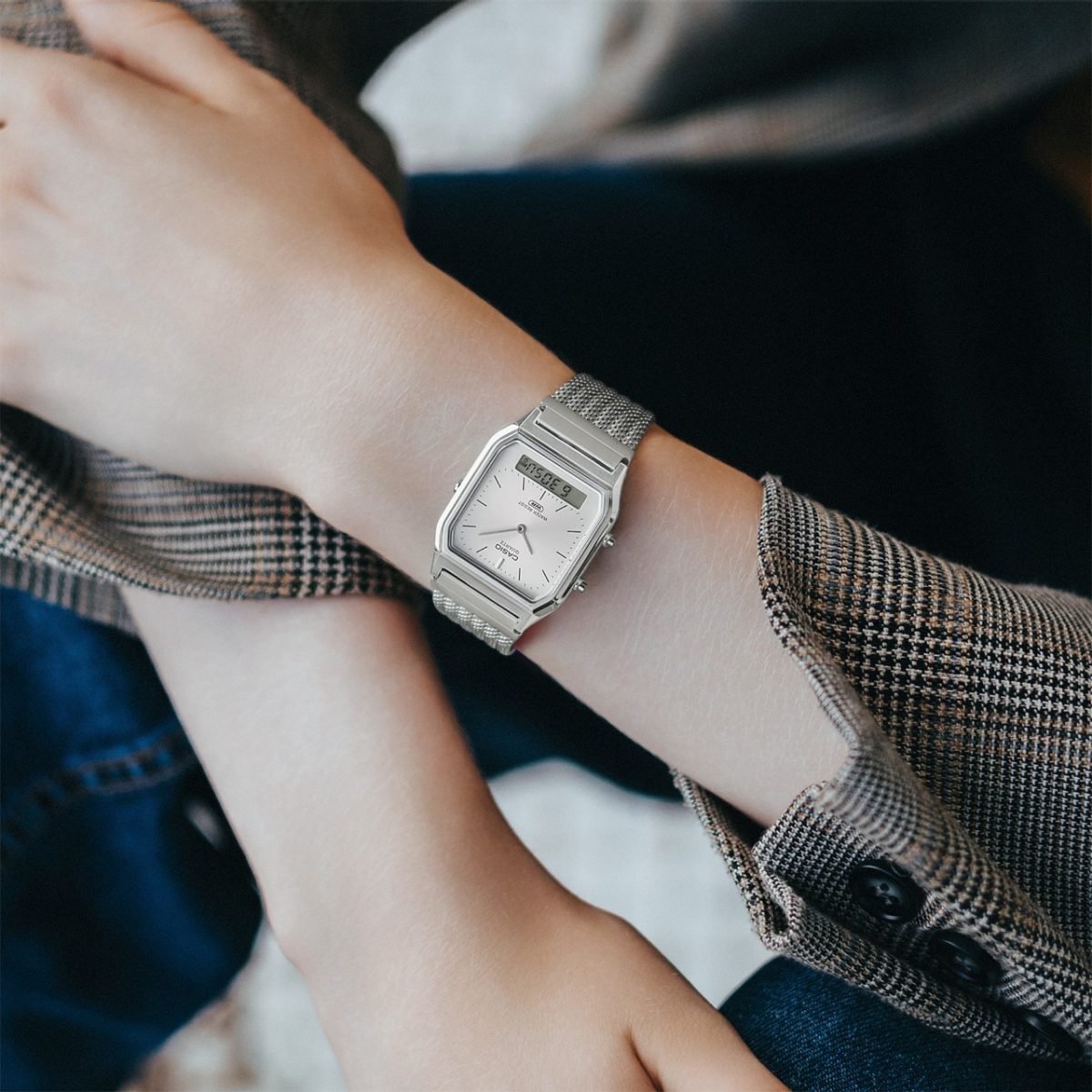 CASIO AQ-230EM-7A 銀色 雙顯 鋼織帶 方形 復古錶