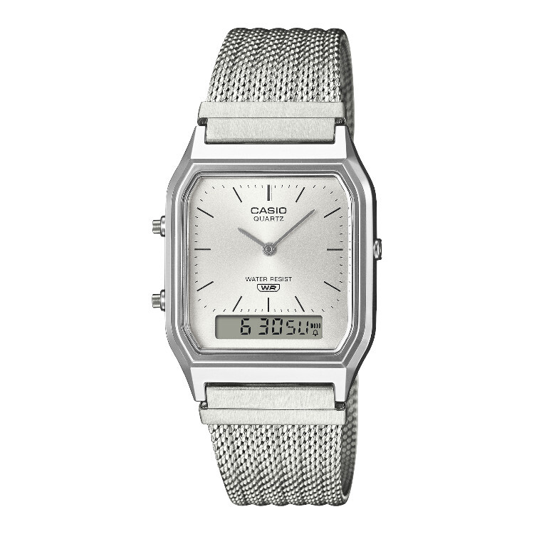 CASIO AQ-230EM-7A 銀色 雙顯 鋼織帶 方形 復古錶