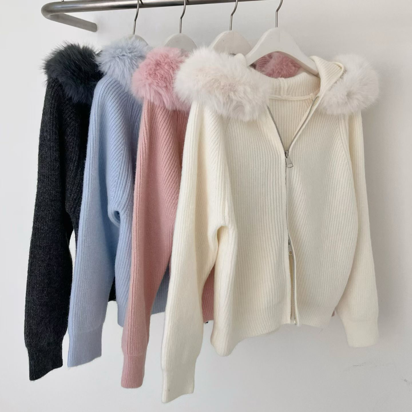 毛毛領針織拉鍊外套JK