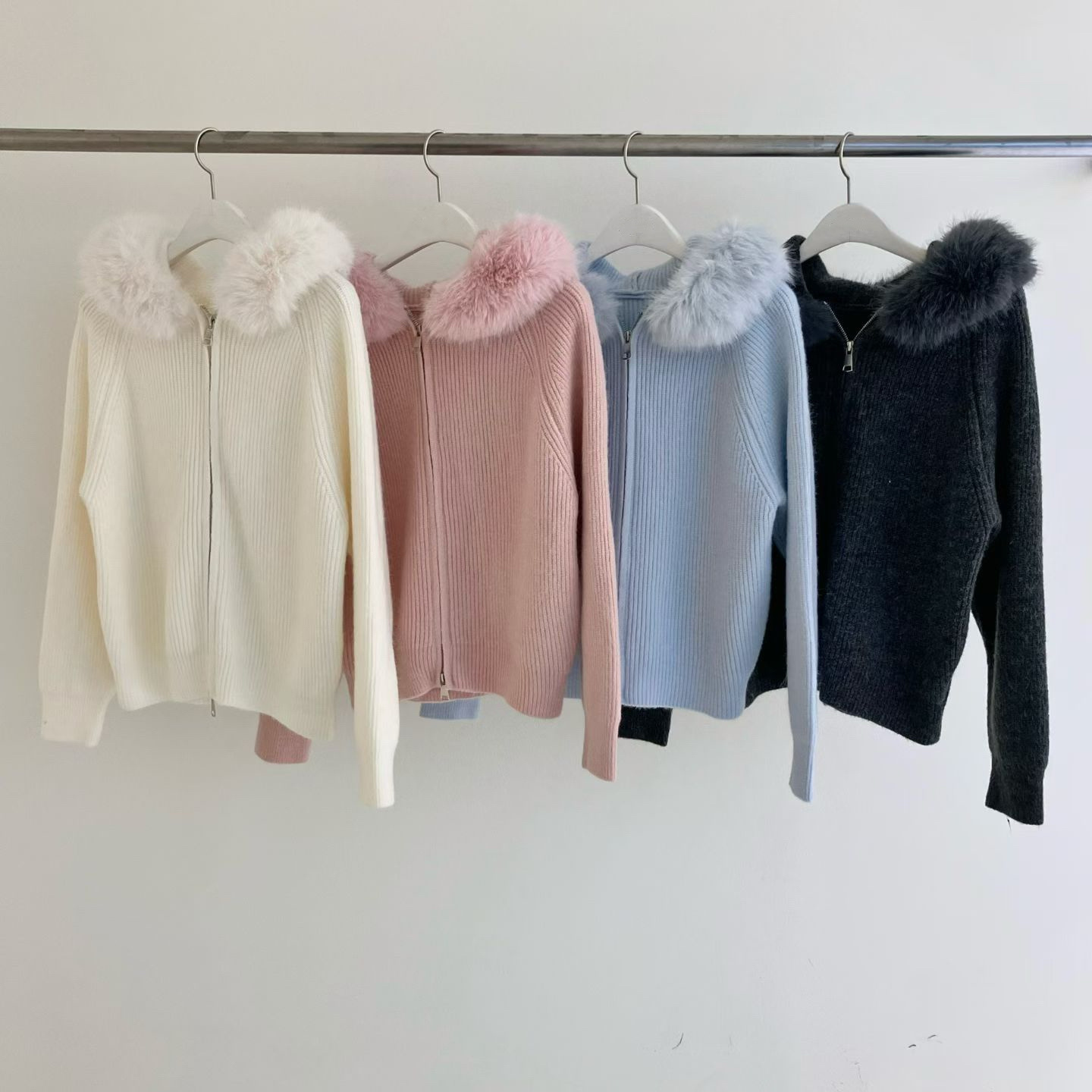 毛毛領針織拉鍊外套JK