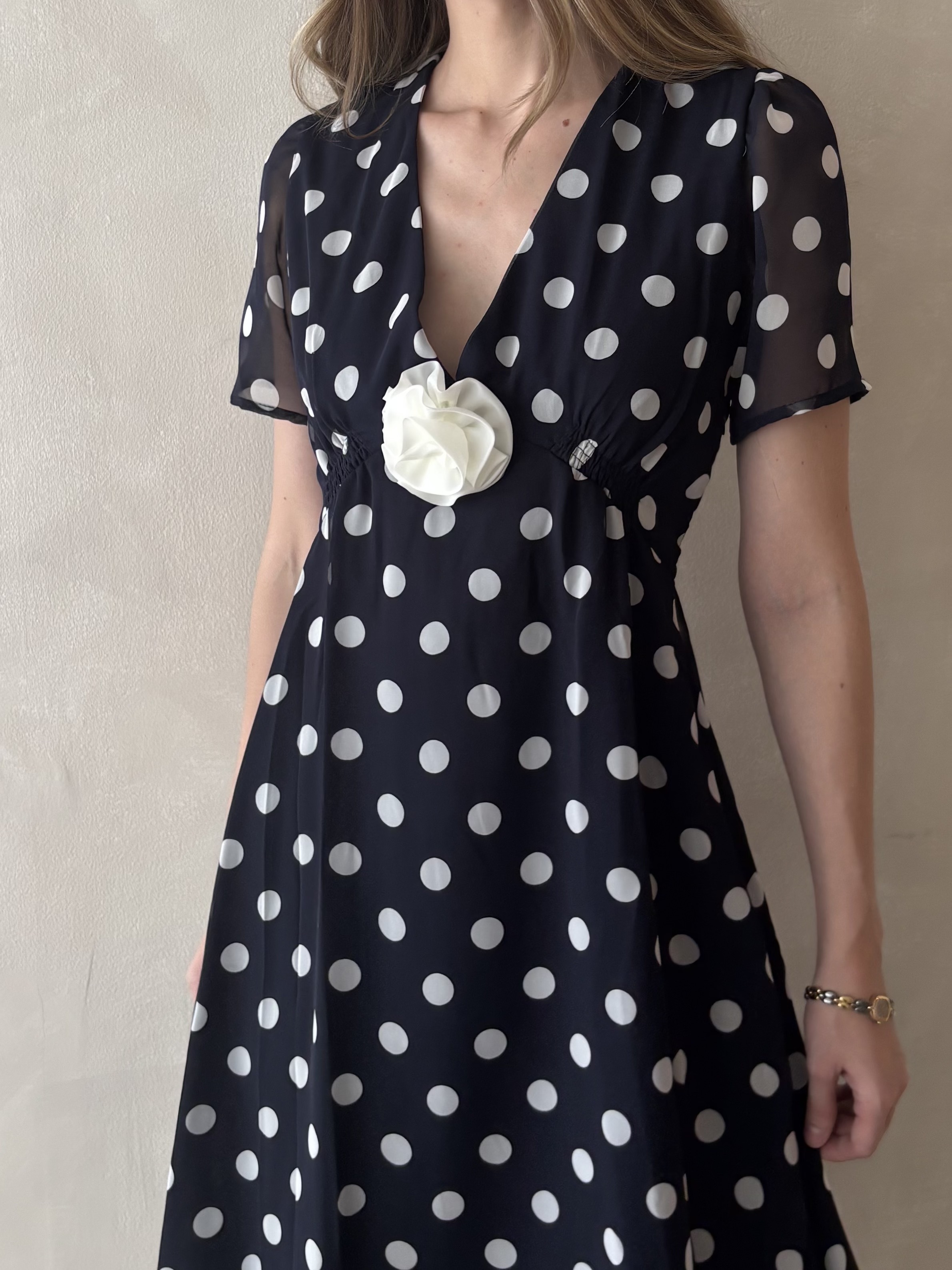 Vienna Polka Dot Dress with Rosette - Navy (Special Release)