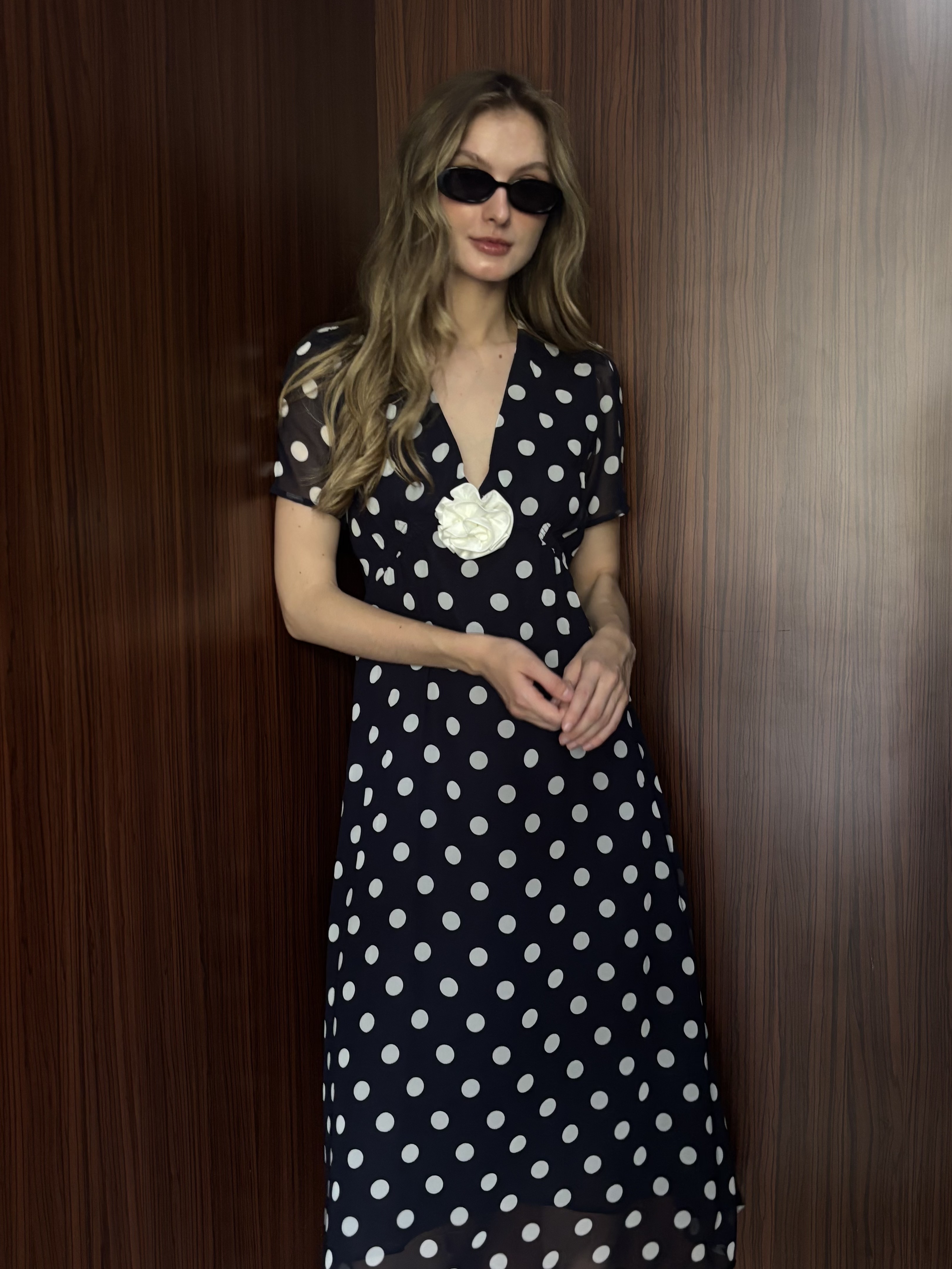 Vienna Polka Dot Dress with Rosette - Navy (Special Release)