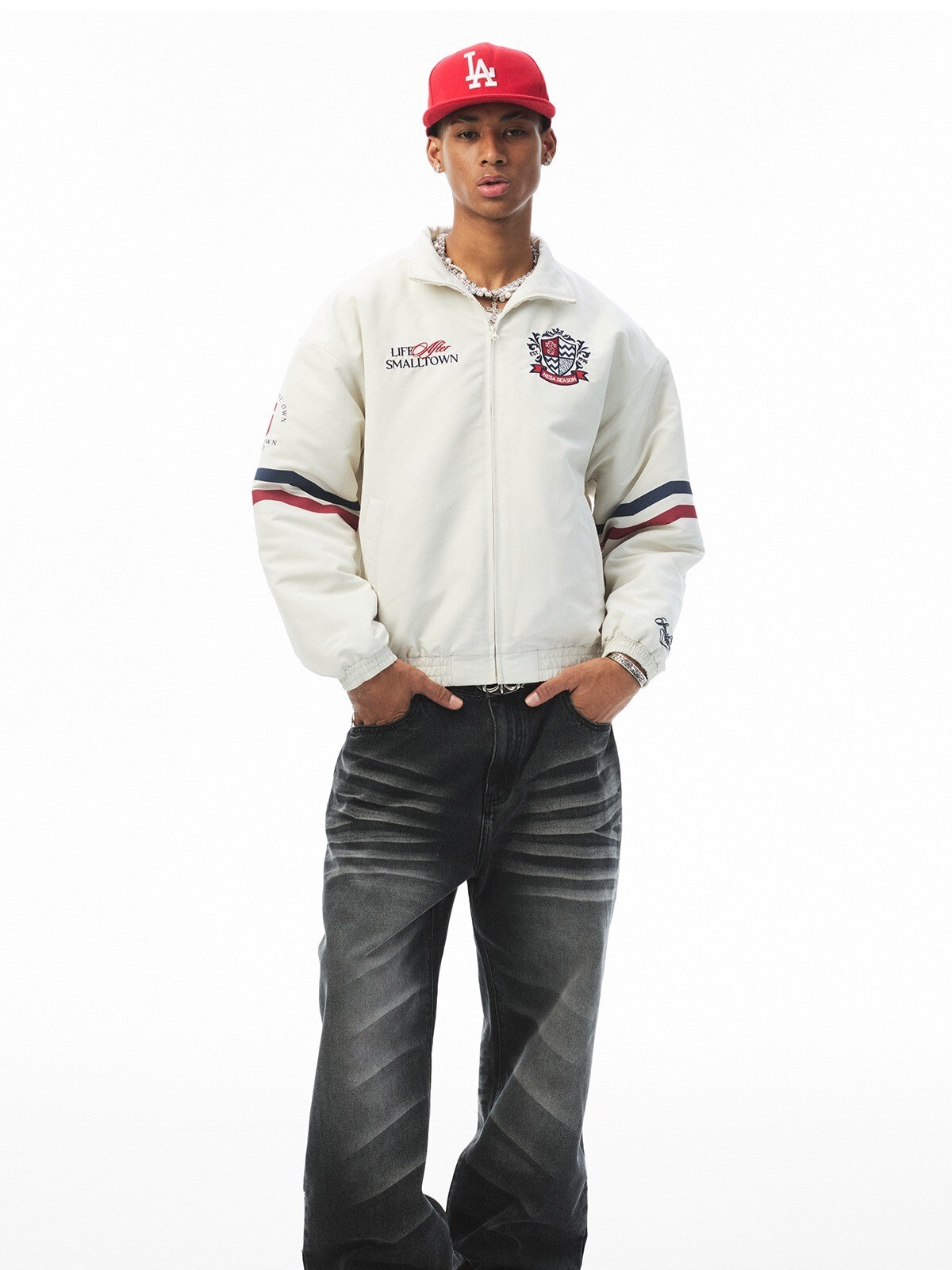 STK SmallTownKid 背後大Logo刺繡貼布 賽車徽章拼接 撞色條紋 外套