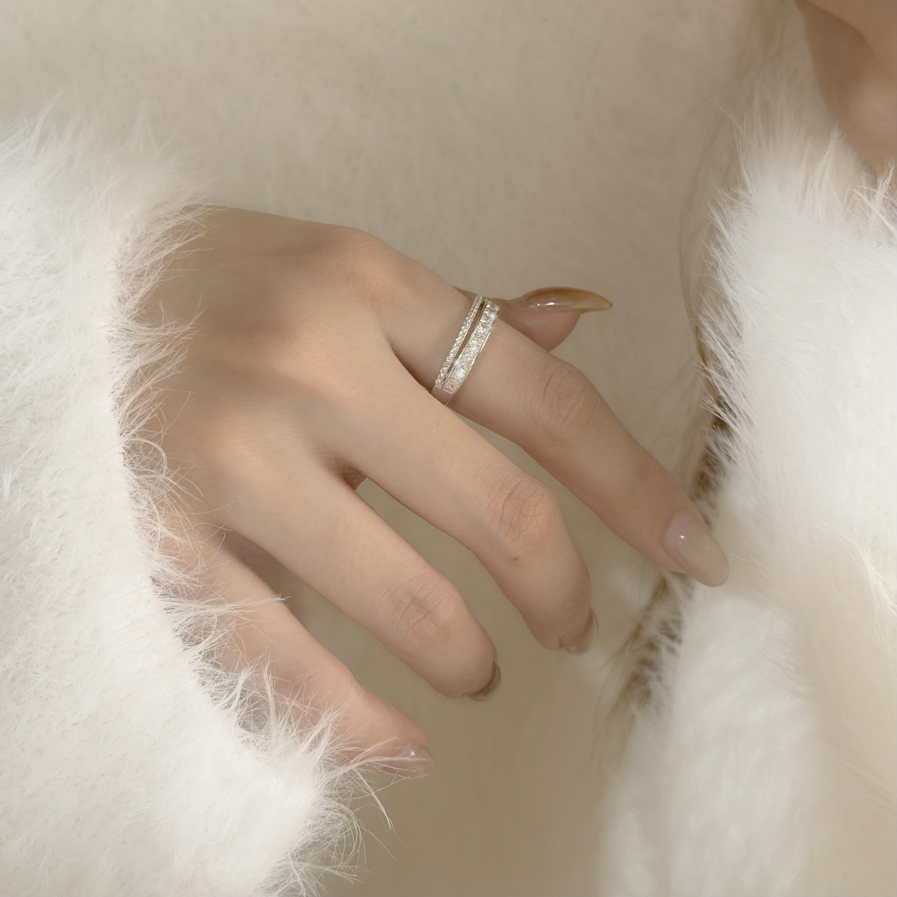 G175【輕奢】鋯石排鑽雙層純銀調整戒