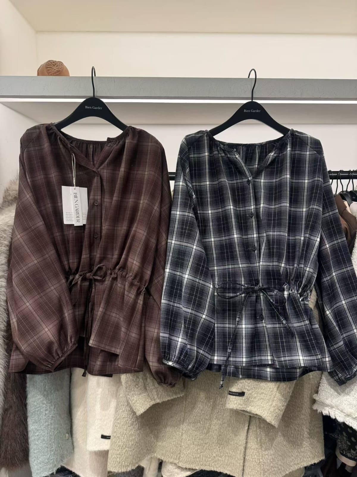 BG5352 娃娃格紋綁繩上衣 - 黑色 (優惠碼不適用)