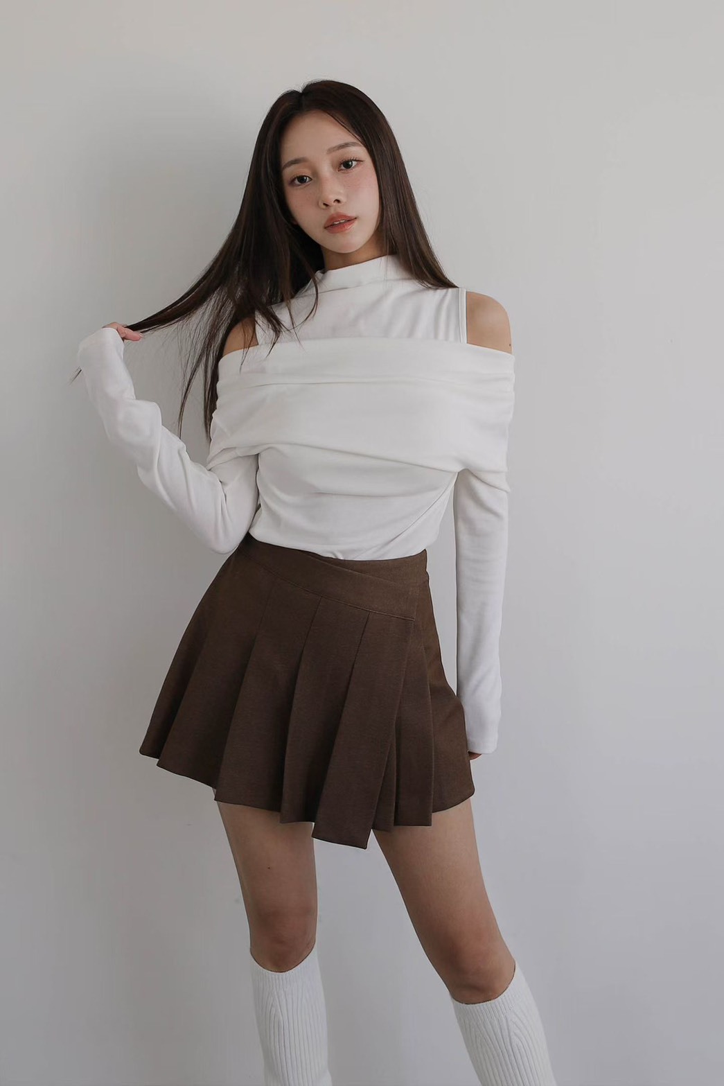 側口百褶不對稱褲裙