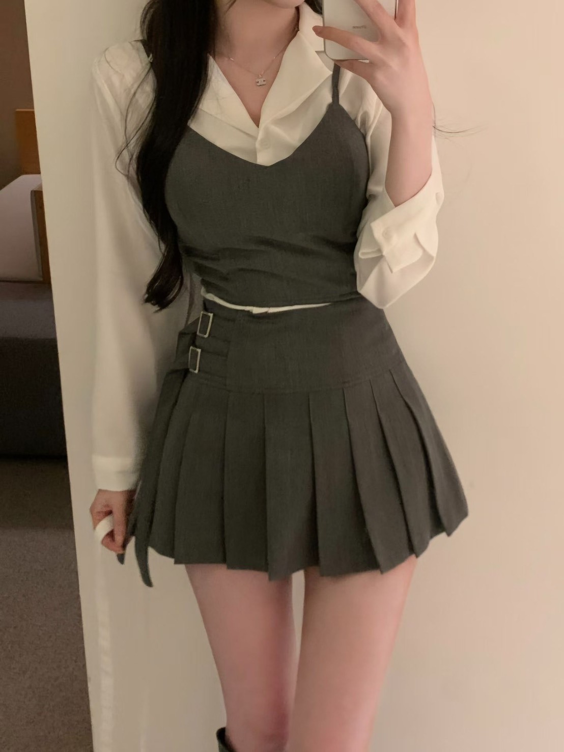 吊帶西裝馬甲  側雙釦百褶短裙(分售)
