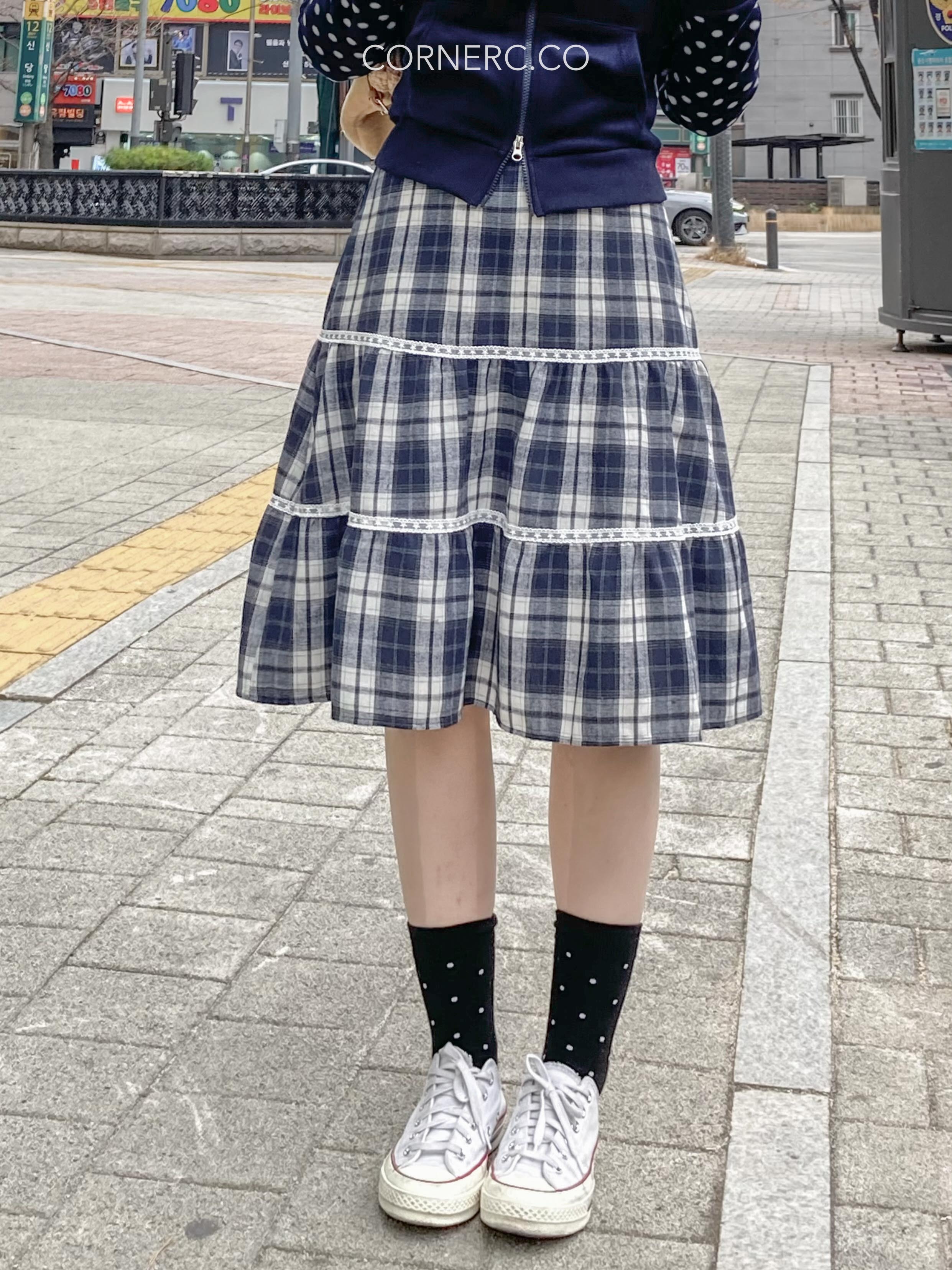 蕾絲邊格紋中長裙〈🇰🇷DAY 3〉