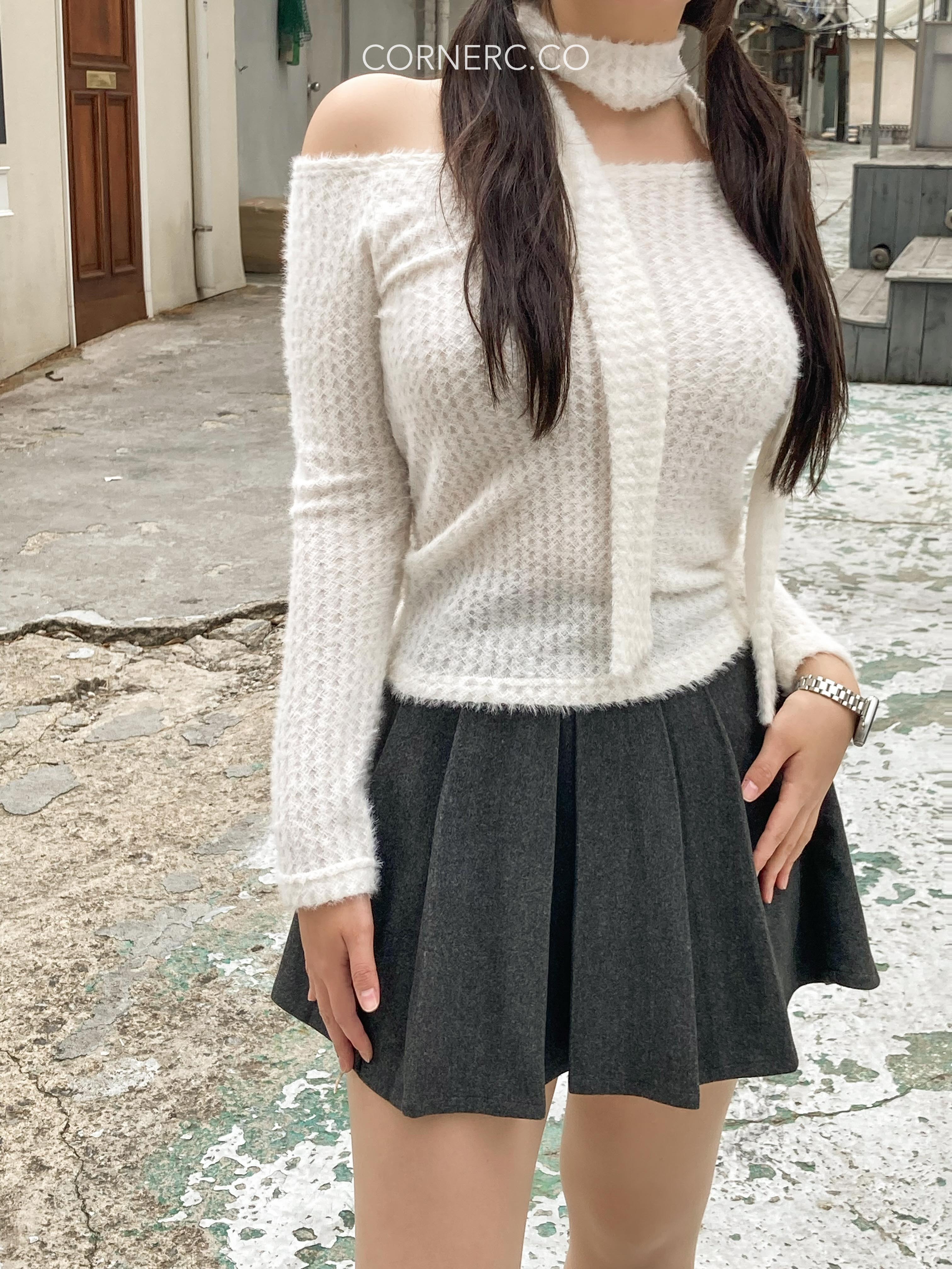 暗菱格Mix毛毛單肩針織Top Set〈🇰🇷DAY 3〉