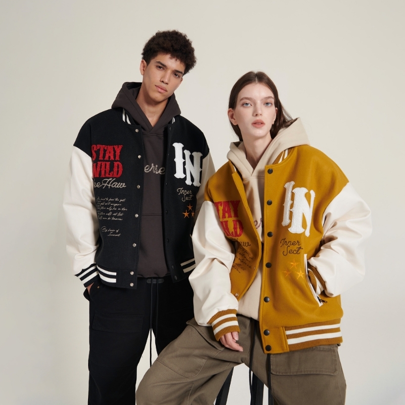 陳冠希 Clot INNERSECT 三生萬物 毛巾刺繡字母 印花拼接 美式復古棒球外套 男女同款 INN24FWTJK156