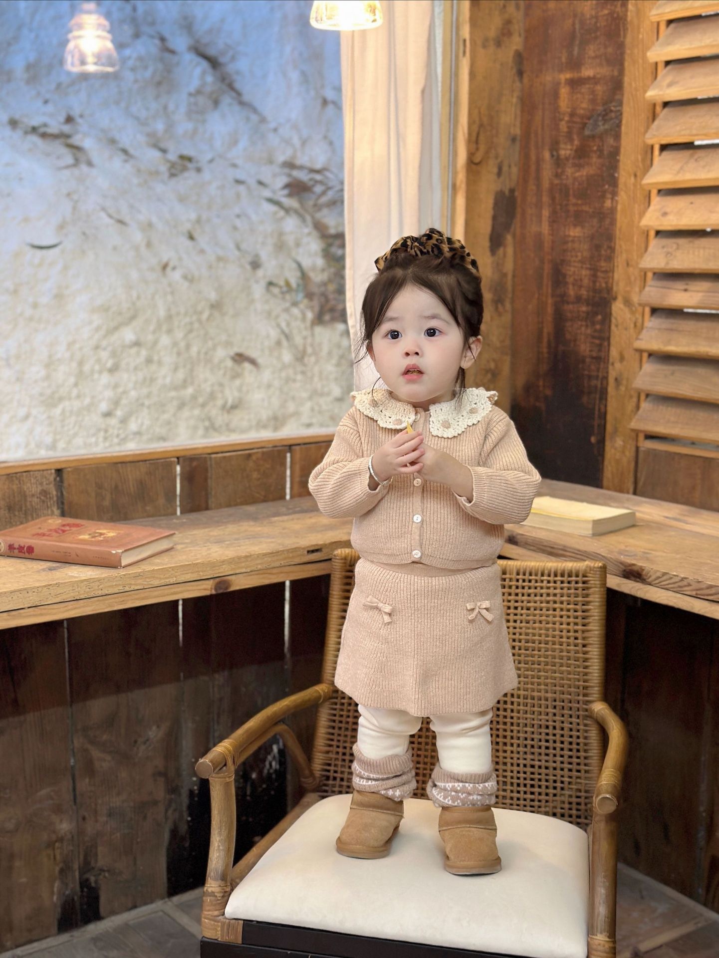 三色柔軟蝴蝶結針織套裝