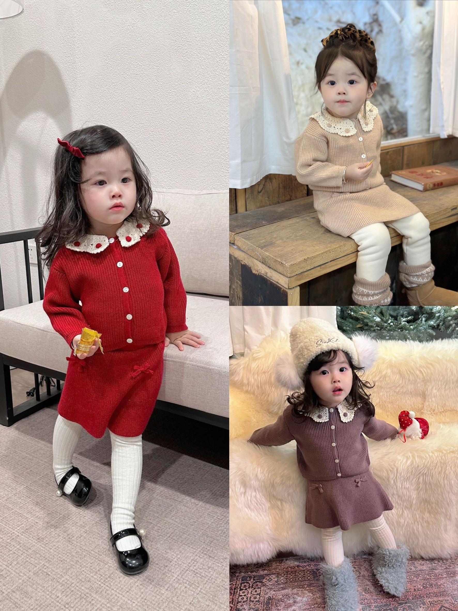 三色柔軟蝴蝶結針織套裝