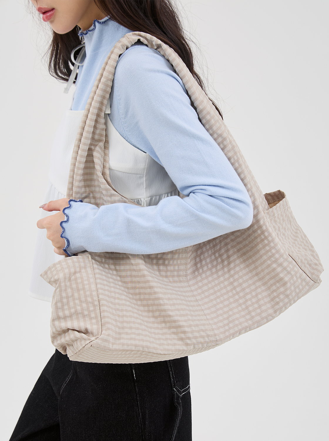 軟棉格紋文青大容量托特