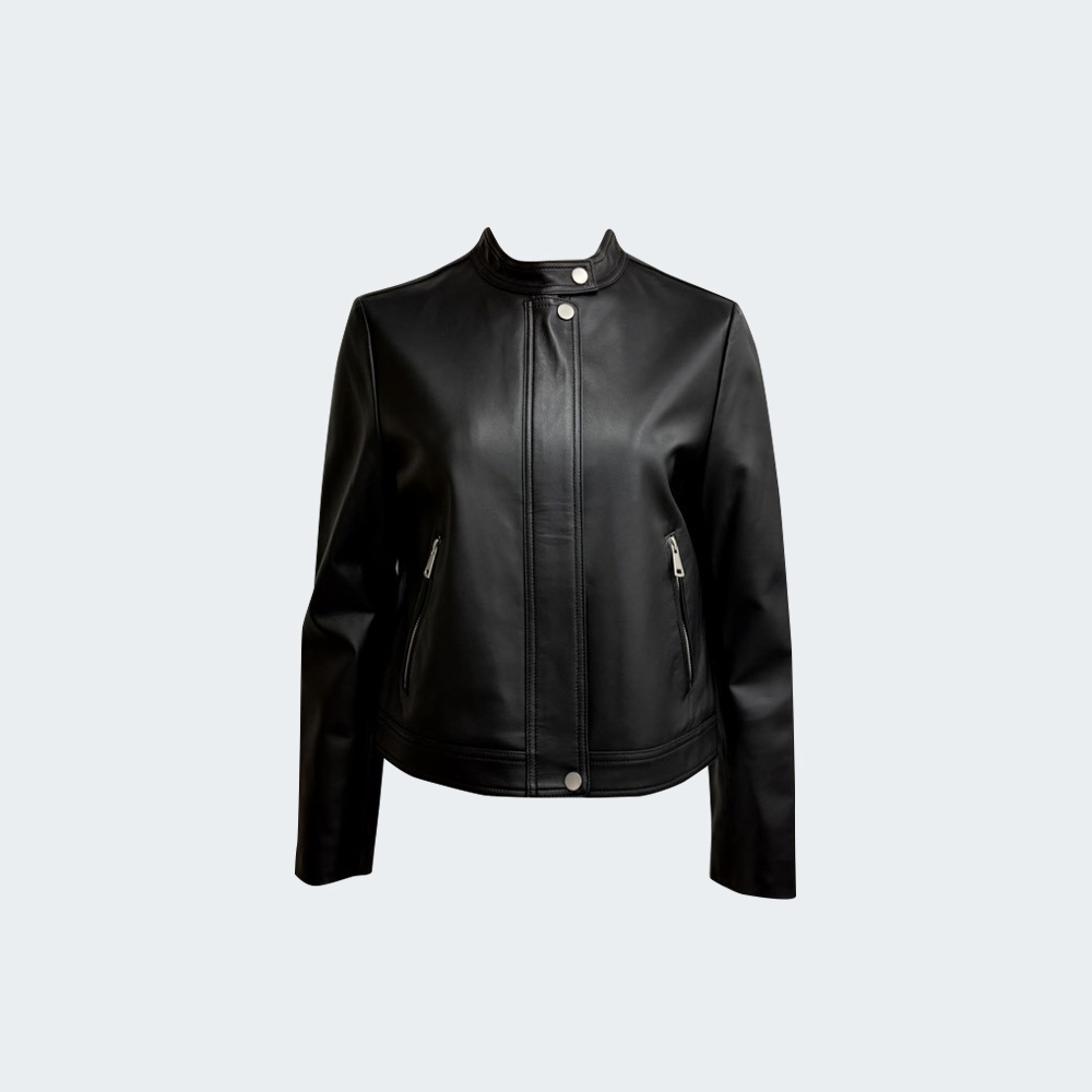 立領俐落剪裁羊皮短版皮衣外套