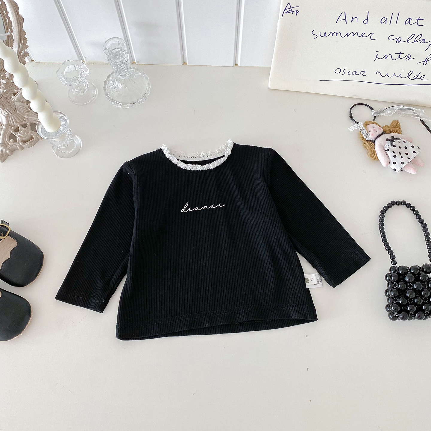 點點蕾絲花苞背心+草寫英字黑色上衣(73-100)
