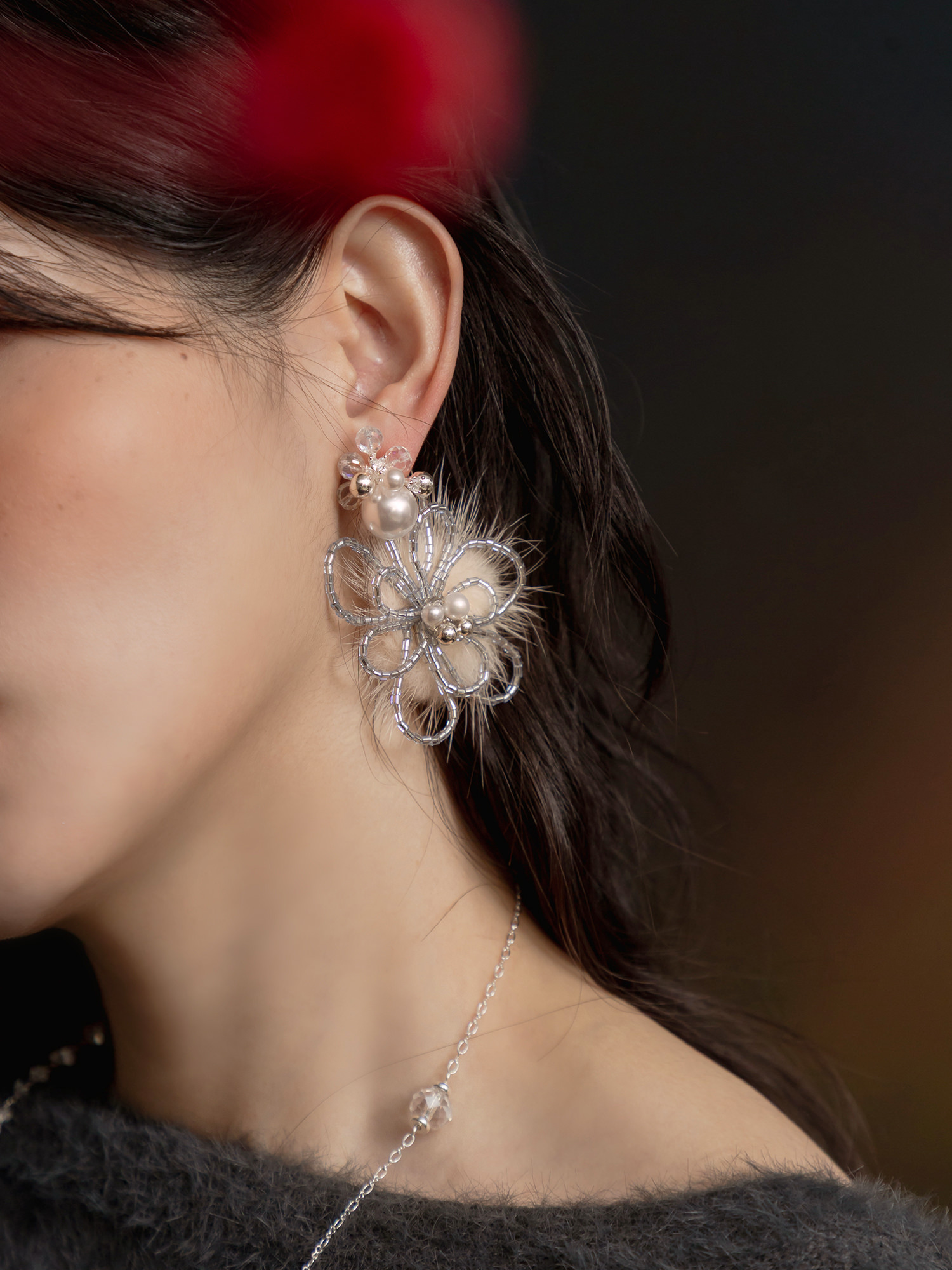 失眠航班。(2way)MUCHAT手作珍珠毛球花純銀針耳環