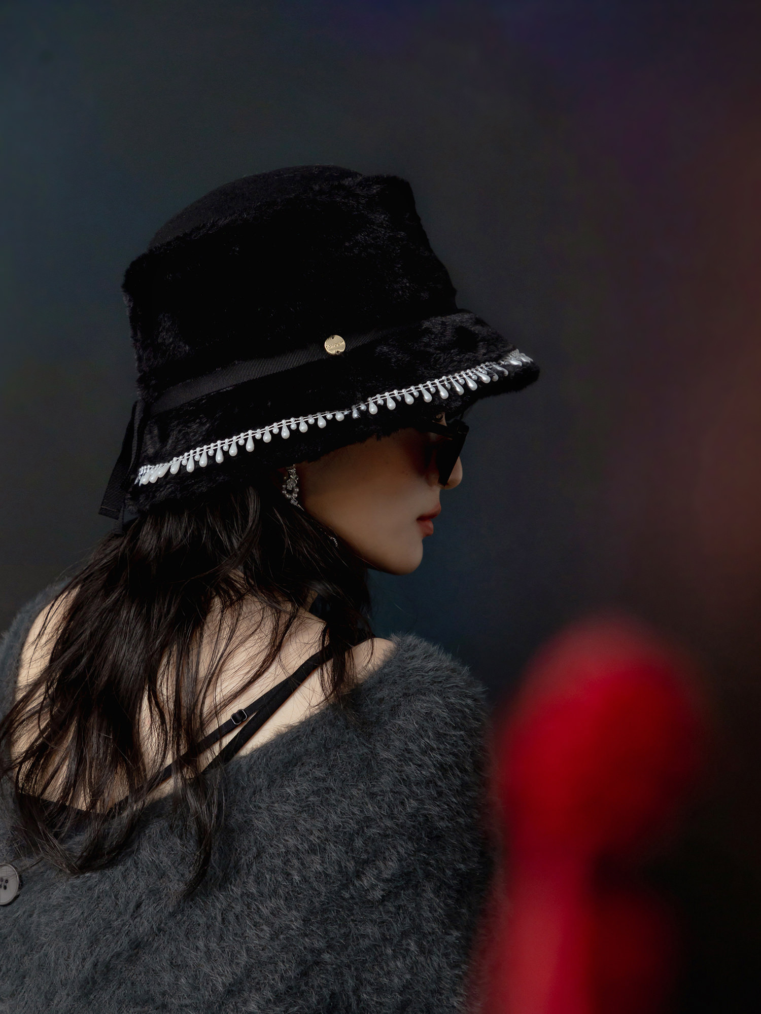 馬格畫作。MUCHAT手作珍珠蝶結毛呢淑女帽 (黑)