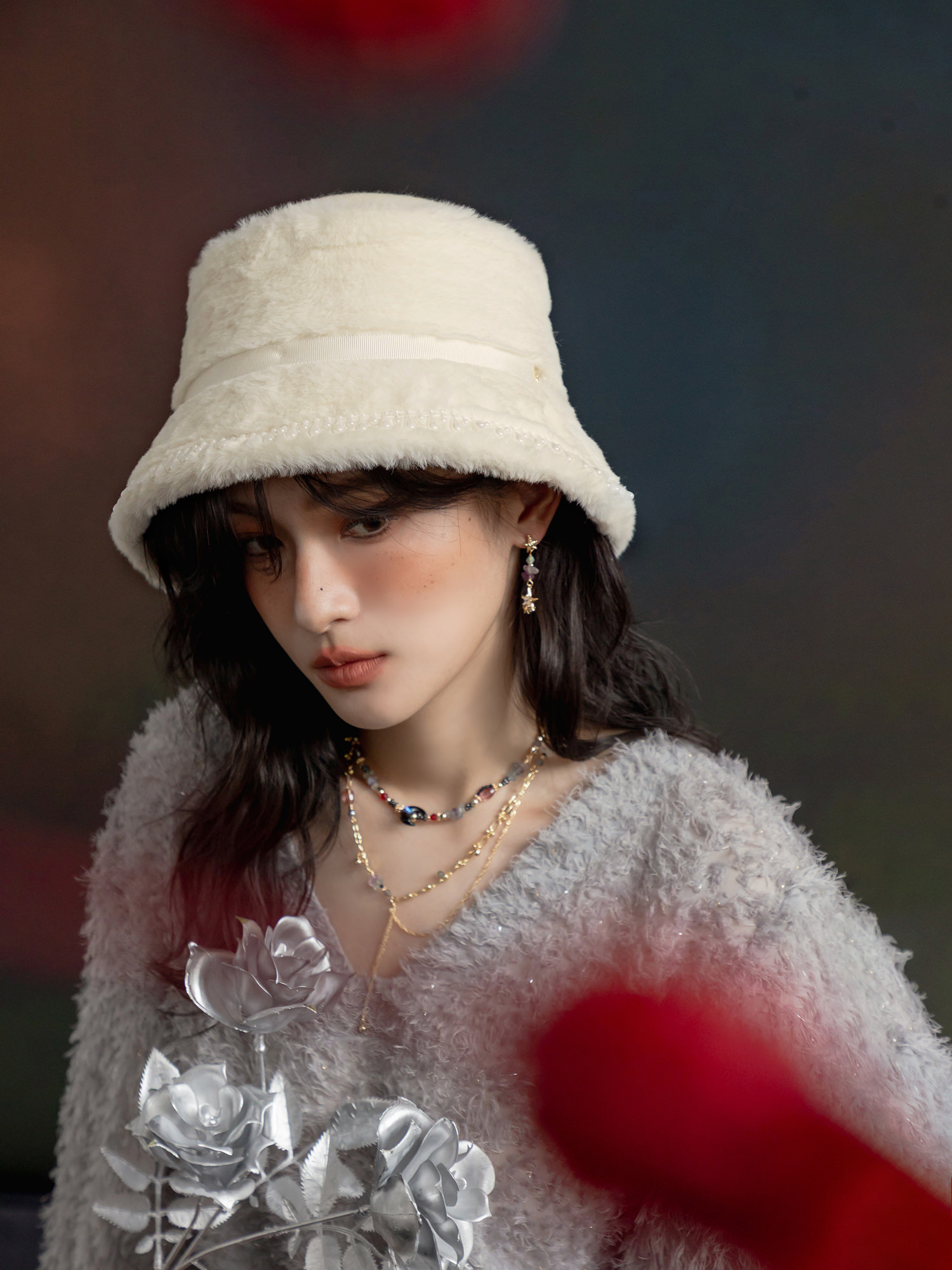 馬格畫作。MUCHAT手作珍珠蝶結毛呢淑女帽 (米白)