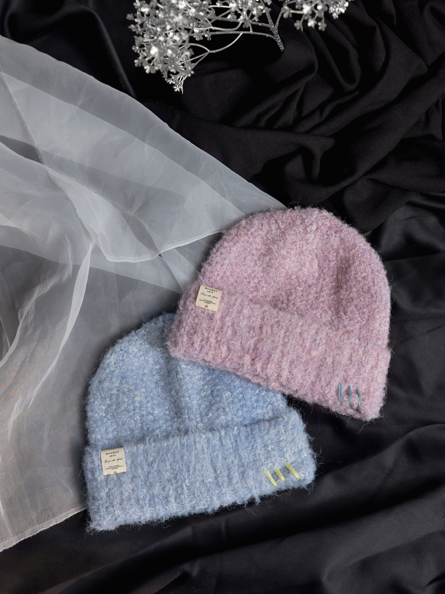 雪橇上有密碼。MUCHAT手作混色針織反摺毛帽 (寶寶藍)