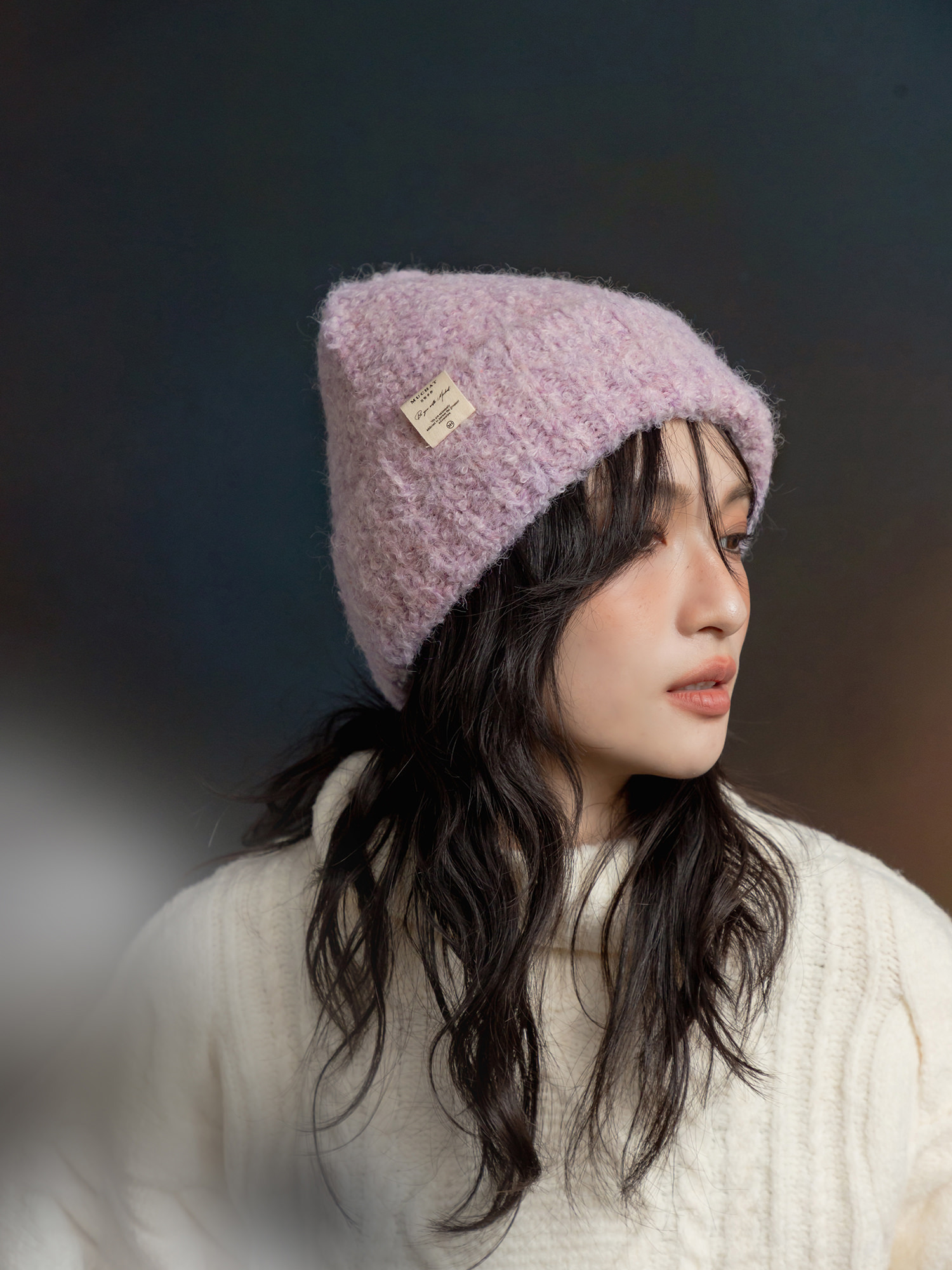 雪橇上有密碼。MUCHAT手作混色針織反摺毛帽 (粉紫)