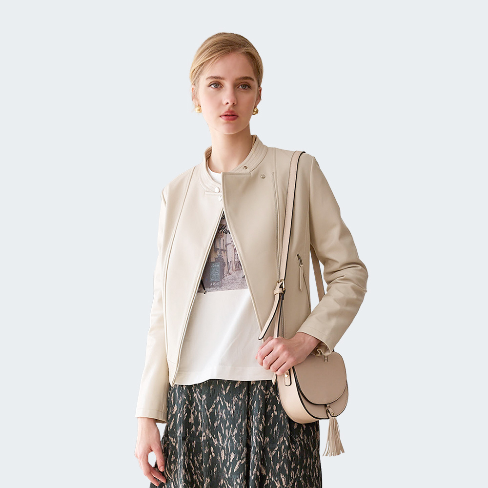 柔雅立裁真皮修身皮衣外套