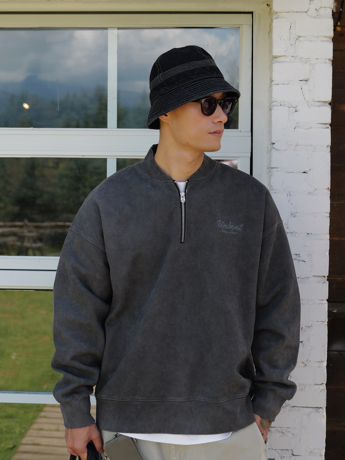 #預購 UNBENT 25AW 復古水洗 做舊刺繡 加絨重磅 亨利領 半拉鍊 衛衣長踢 兩色