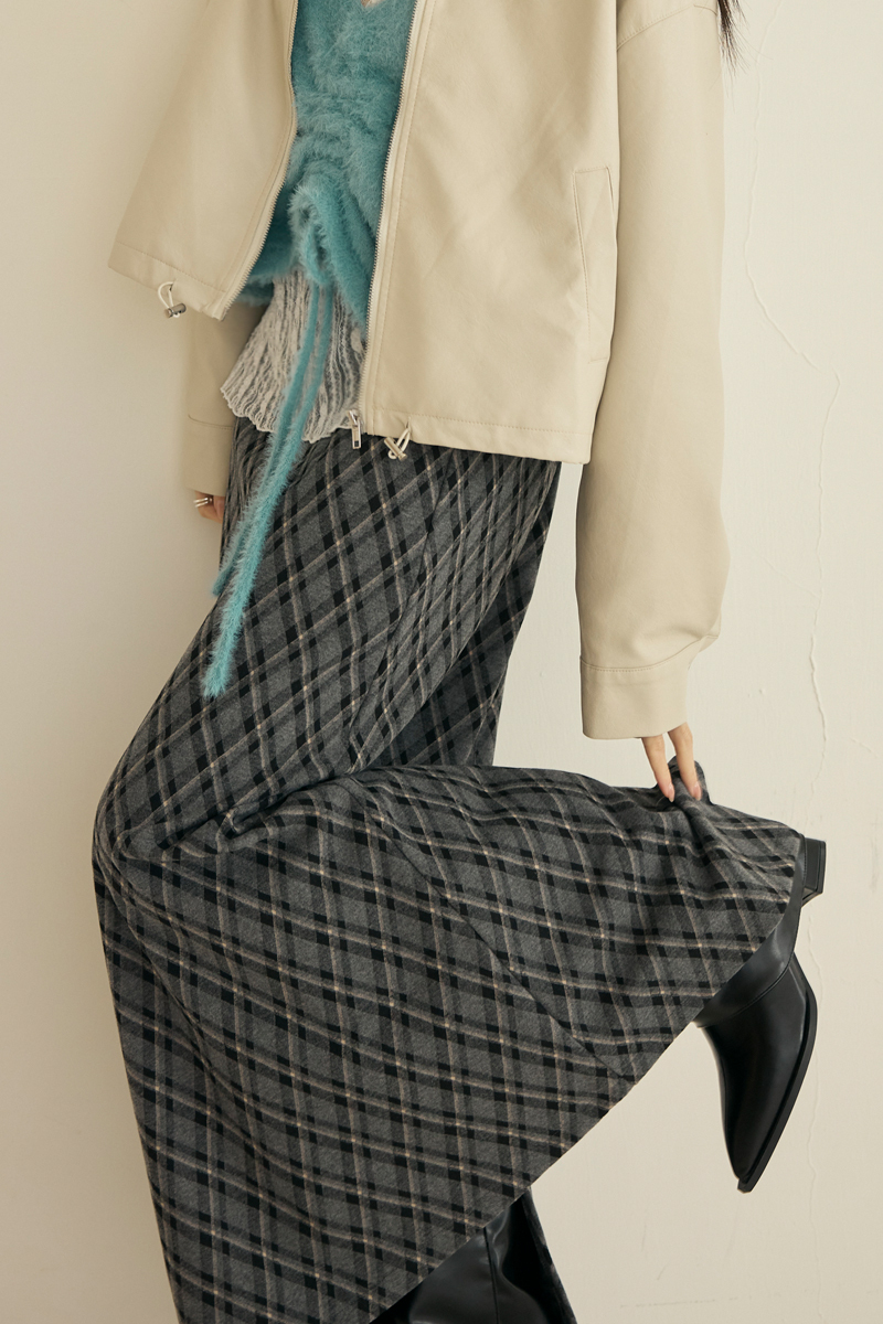 後開衩菱格紋毛呢長裙