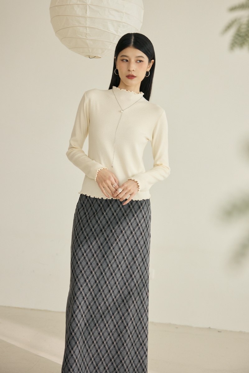 後開衩菱格紋毛呢長裙