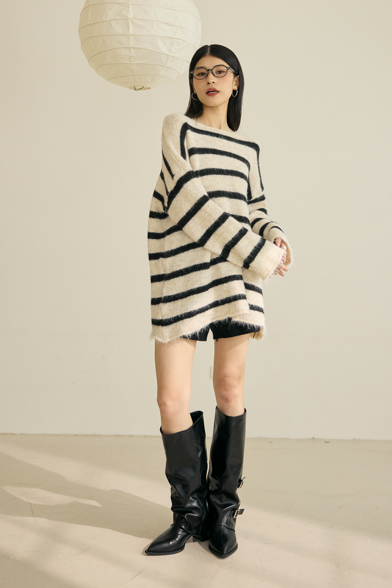 條紋捲邊長版毛衣上衣