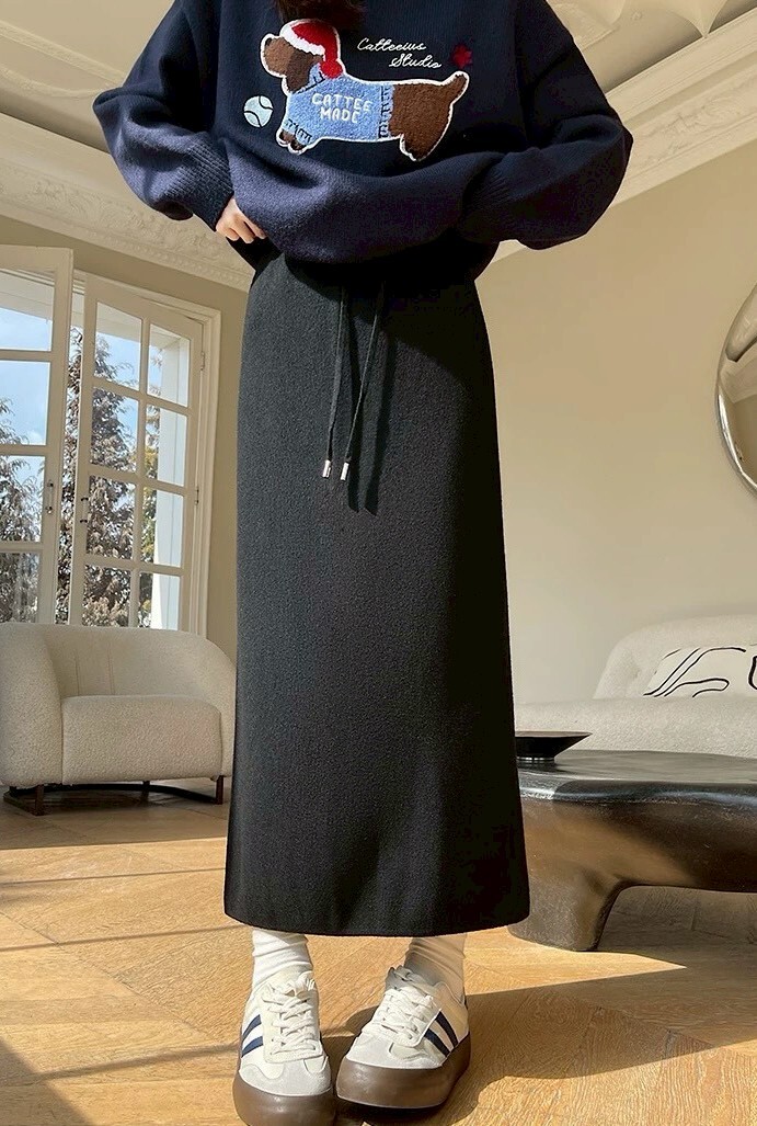 鐵圈抽繩後開岔針織長裙