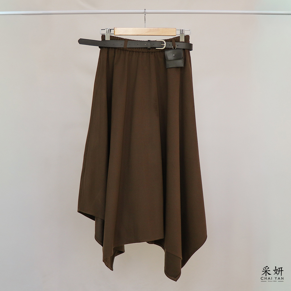 素色微絨毛呢感垂墜鬆緊腰長裙