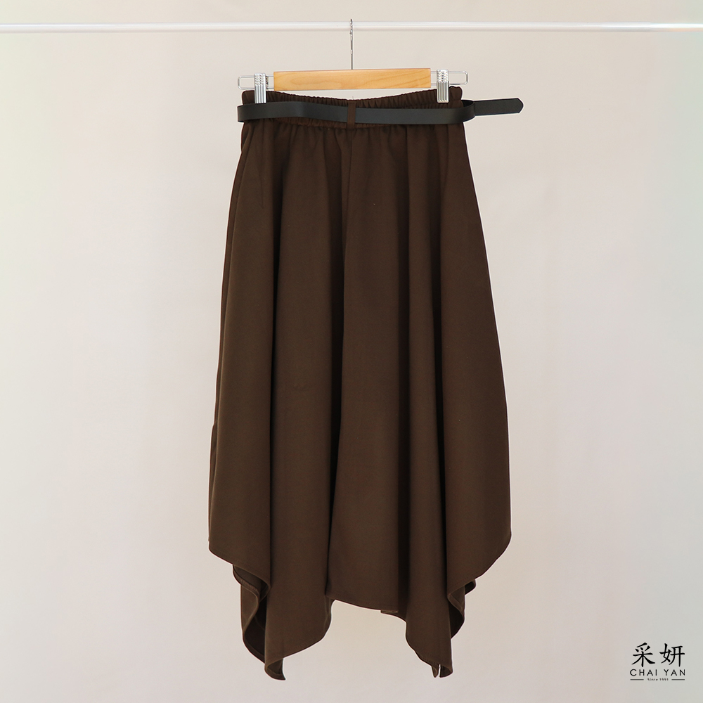 素色微絨毛呢感垂墜鬆緊腰長裙