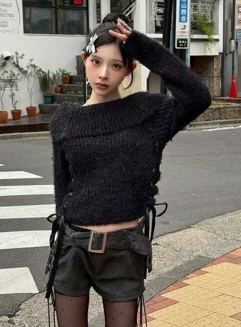 側緞帶一字翻領水貂毛上衣