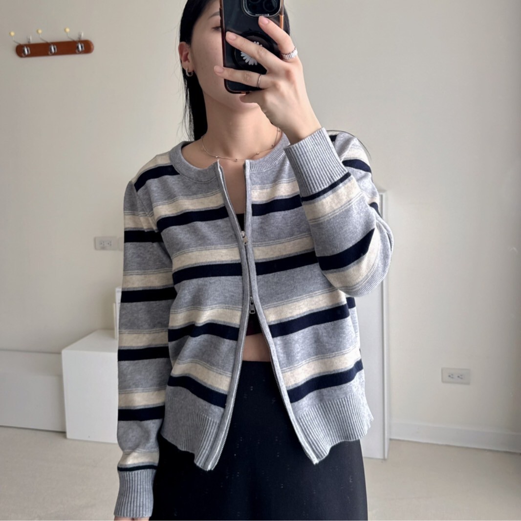 雙拉鏈條紋撞色毛衣（現貨）