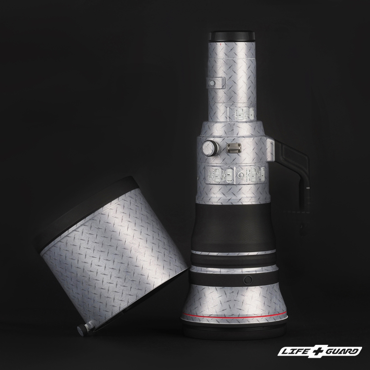 Canon RF 800mm F5.6 L IS USM 機身展示，LIFE+GUARD 鋼板銀設計風格貼膜
