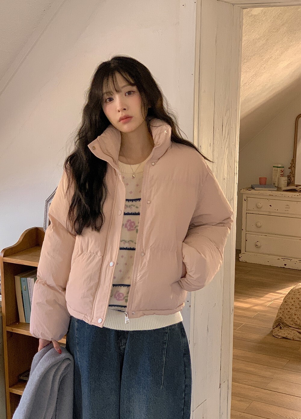 韓國grace muse授權 柔霧奶霜輕暖立領排釦羽絨外套