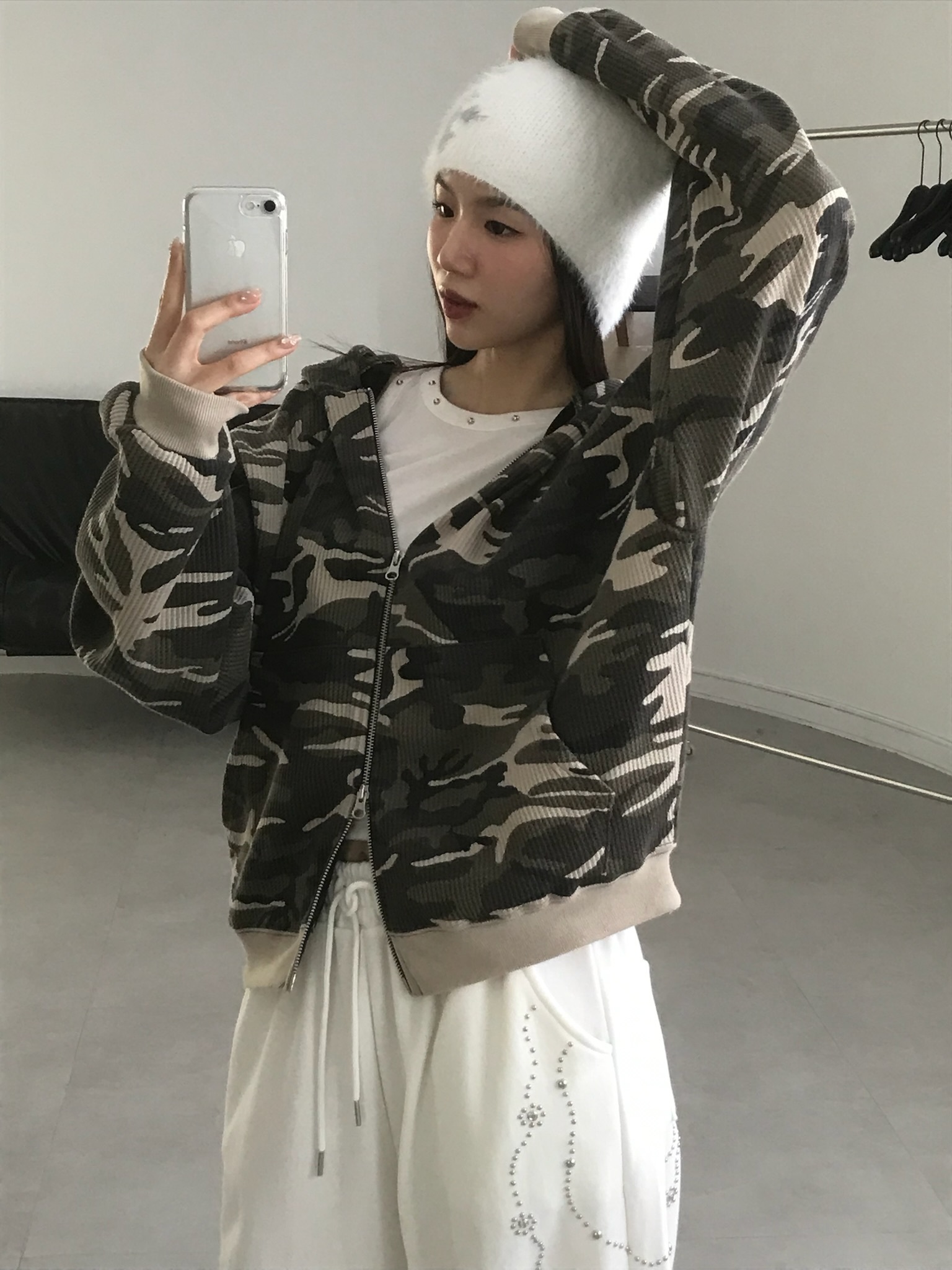 【Unisex】Camo Waffle Hood Zip-Up #外套