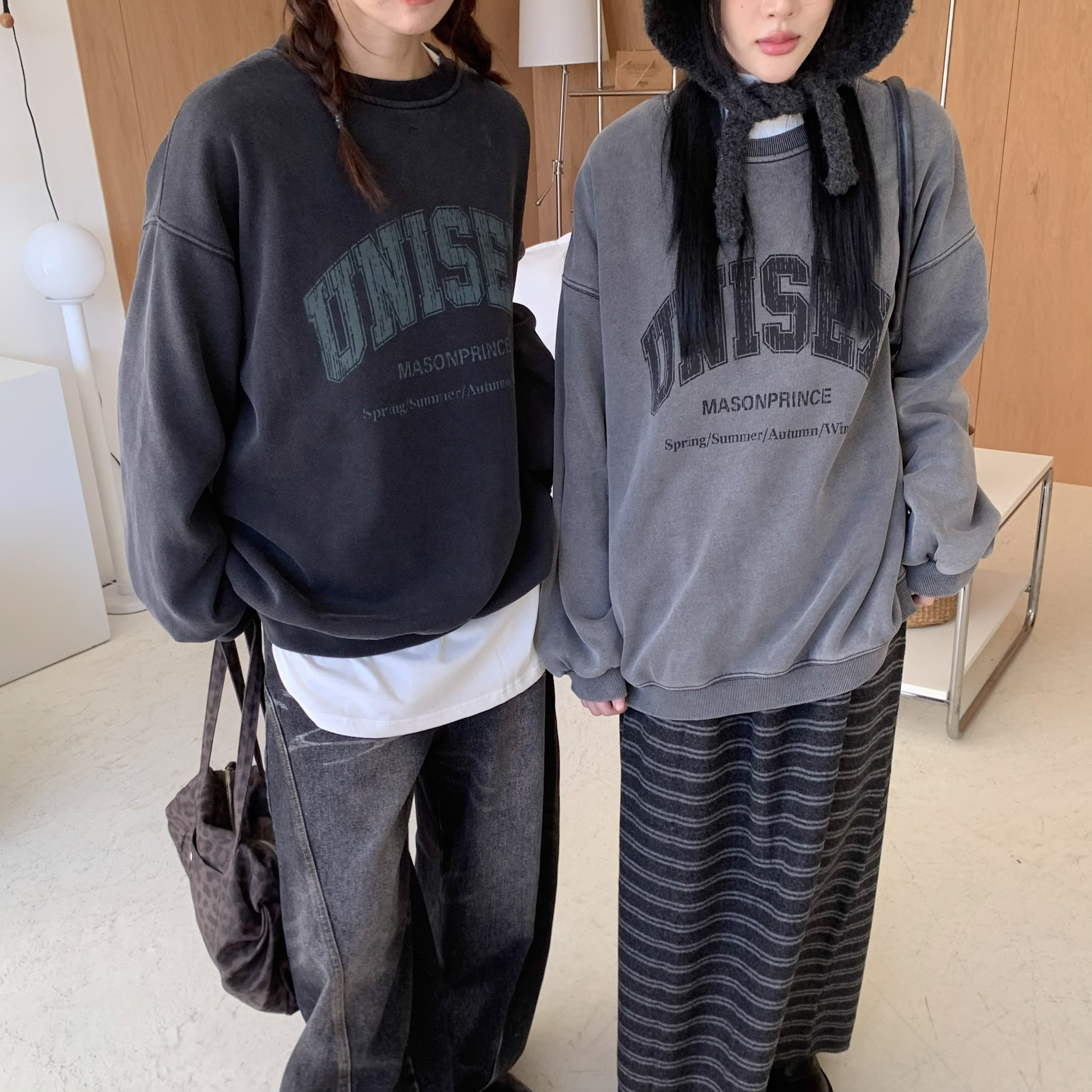 ISA_UNISEX check! 水洗做舊刷絨大學TEE_51162