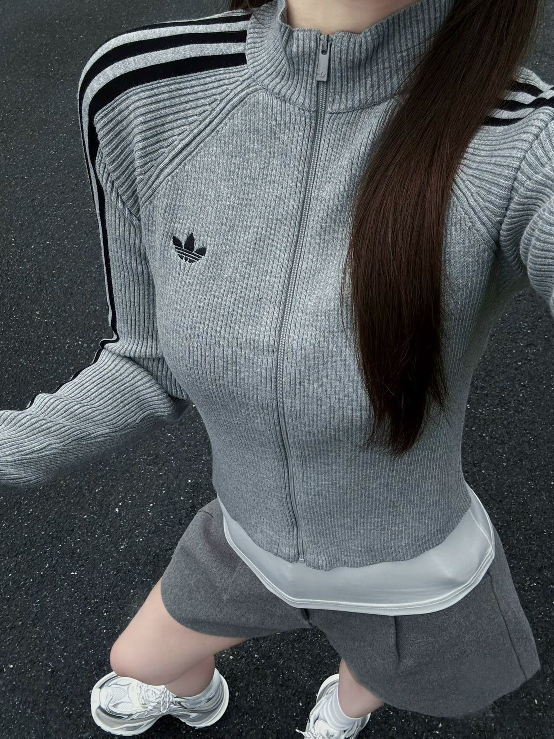 ADIDAS ORIGINALS ADICOLOR 短版 修身 針織外套 螺紋外套 灰色 JZ0886