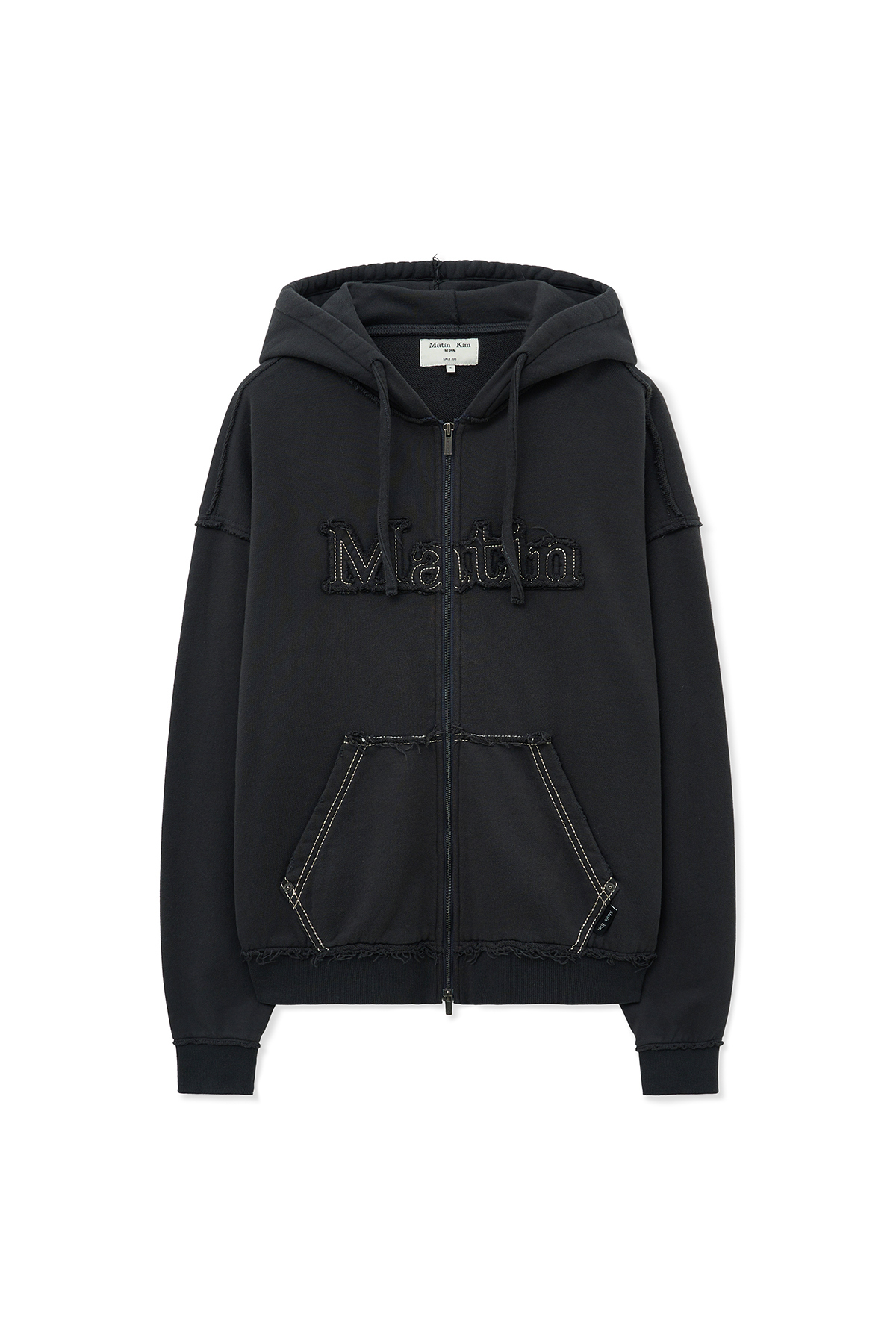 毛邊布貼連帽拉鍊外套 炭灰